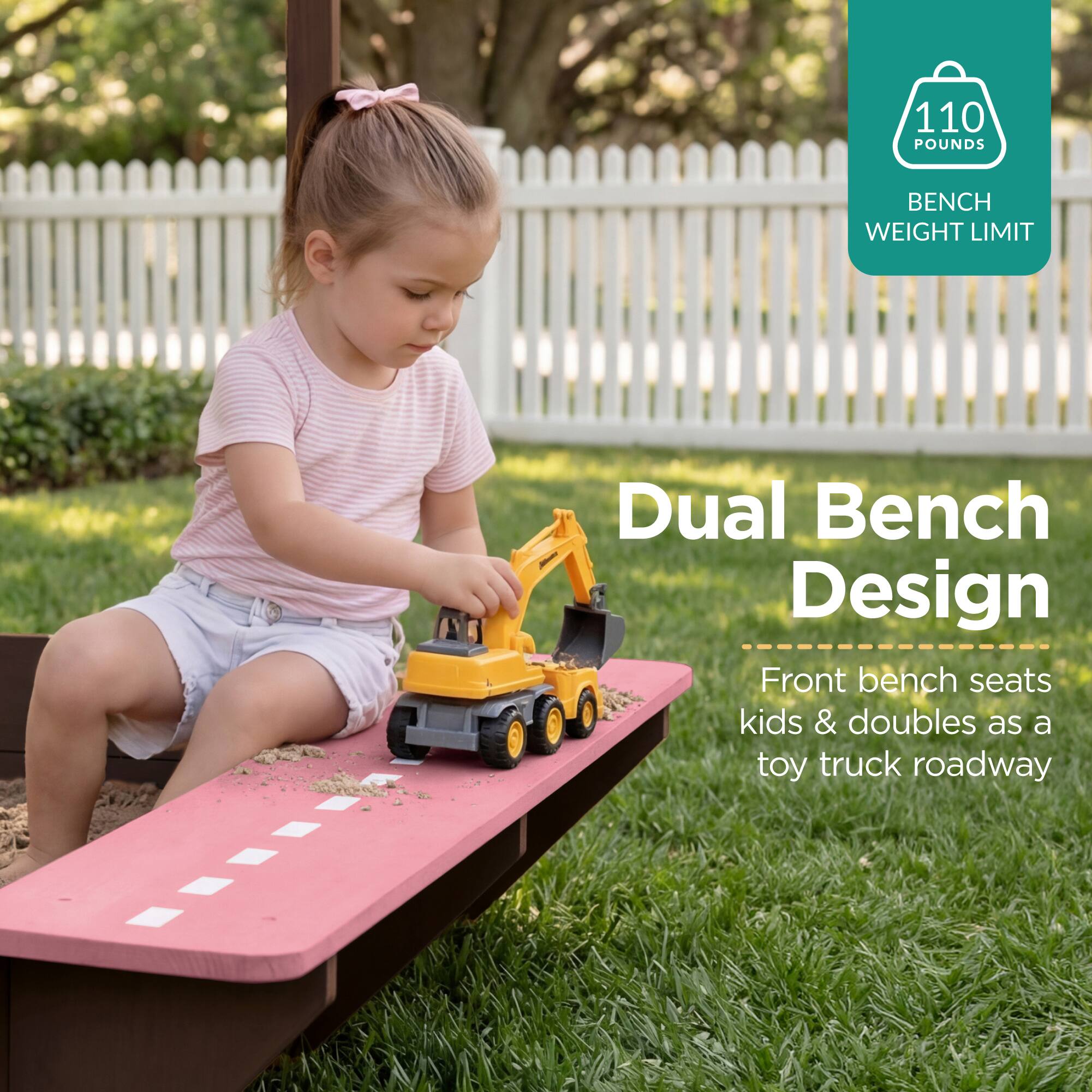110 POUNDS BENCH WEIGHT LIMIT

Dual Bench Design

Front bench seats kids & doubles as a toy truck roadway