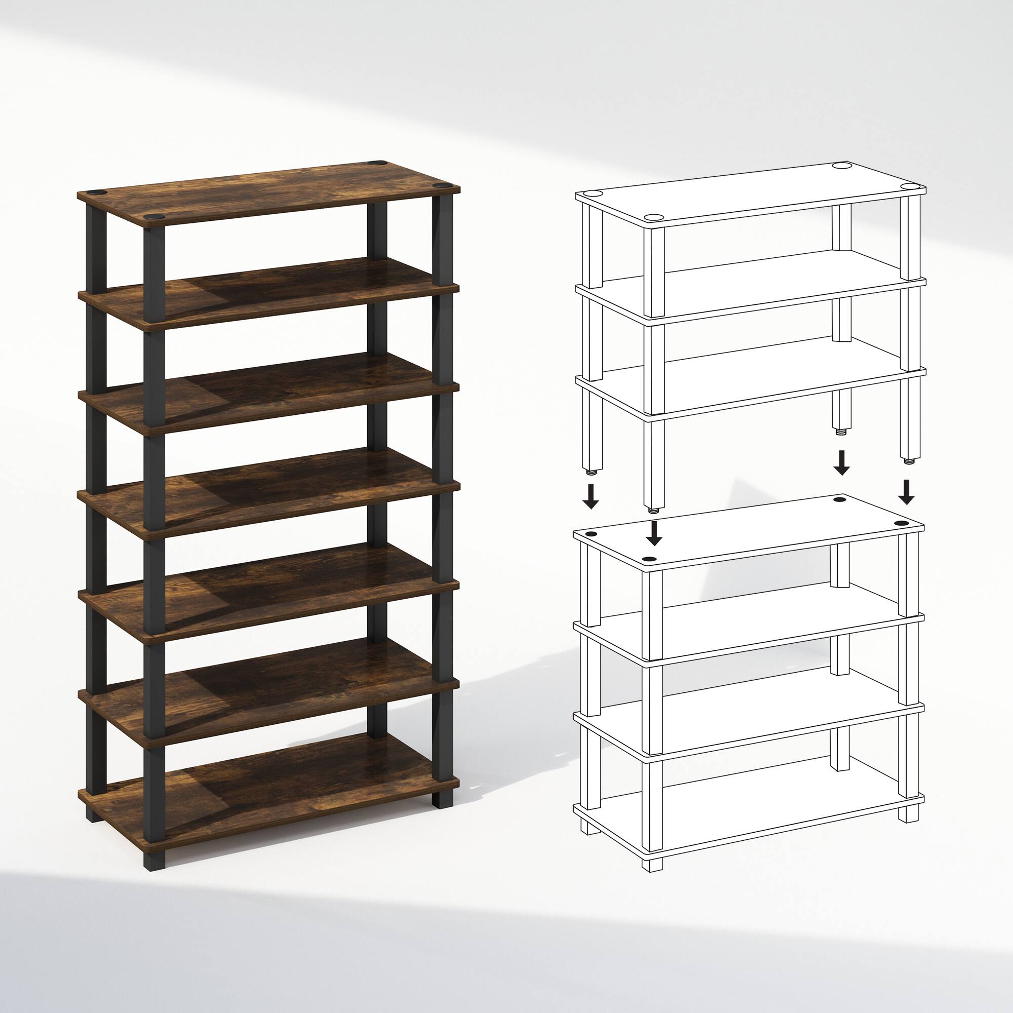 Alt View 2. Furinno - Turn-S-Tube 4-Tier Multipurpose Shoe Rack, Set of 2 - Amber Pine/Black.
