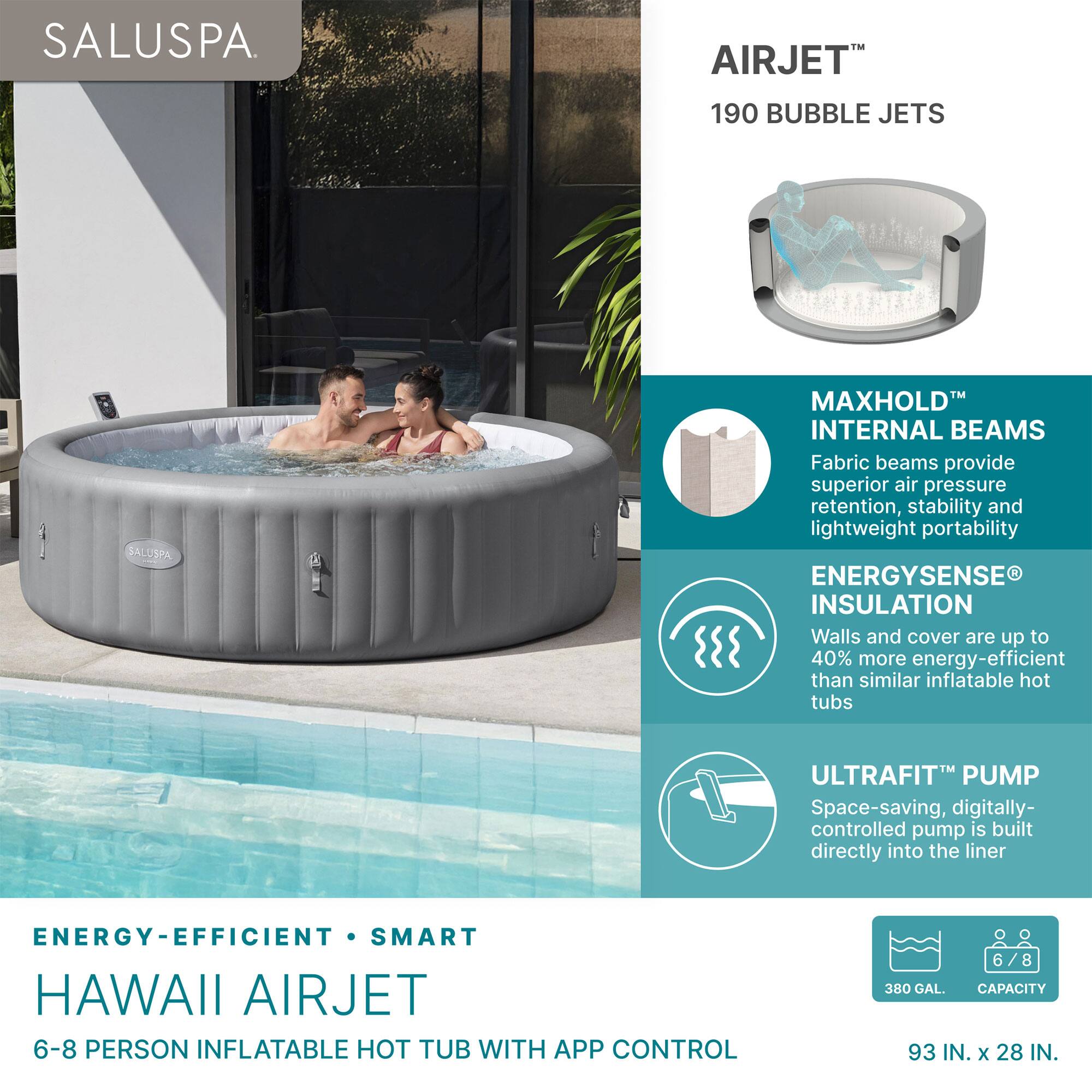 SALUSPA

AIRJET™ 190 BUBBLE JETS

MAXHOLD™ INTERNAL BEAMS
Fabric beams provide superior air pressure retention, stability, and lightweight portability

ENERGYSENSE® INSULATION
Walls and cover are up to 40% more energy-efficient than similar inflatable hot tubs

ULTRAFIT™ PUMP
Space-saving, digitally-controlled pump is built directly into the liner

ENERGY-EFFICIENT • SMART
HAWAII AIRJET
6-8 PERSON INFLATABLE HOT TUB WITH APP CONTROL

380 GAL. CAPACITY
93 IN. x 28 IN.
