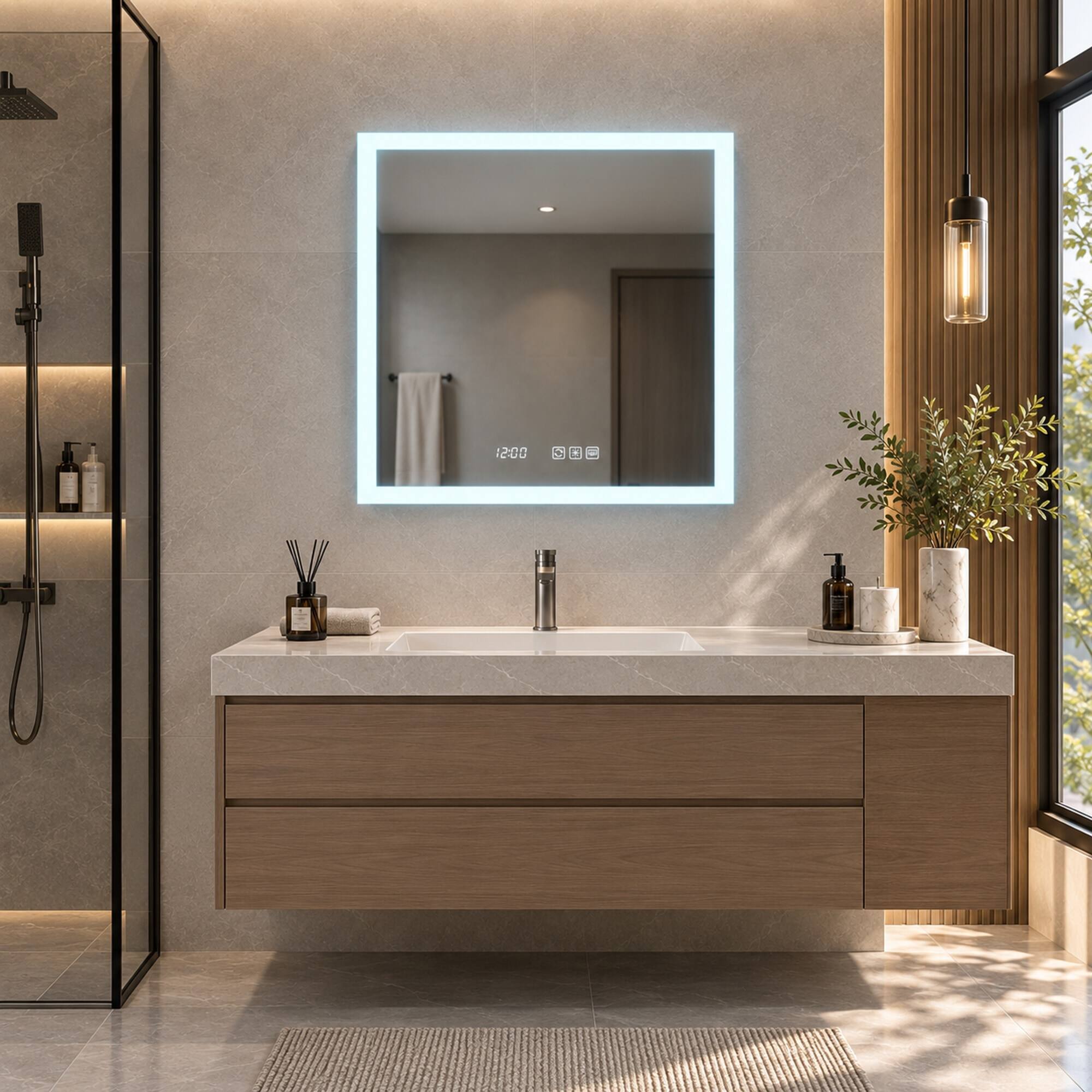 Alt View 1. RYHNUYNE - 24 in x 30 in Left-Hand, Aluminum Frame, LED Light and Clock, Recessed or Surface Mount - Silver.