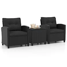 Front. Costway - 3 PCS Patio Furniture Set with Tempered Glass Coffee Table Washable Cushions - Black.
