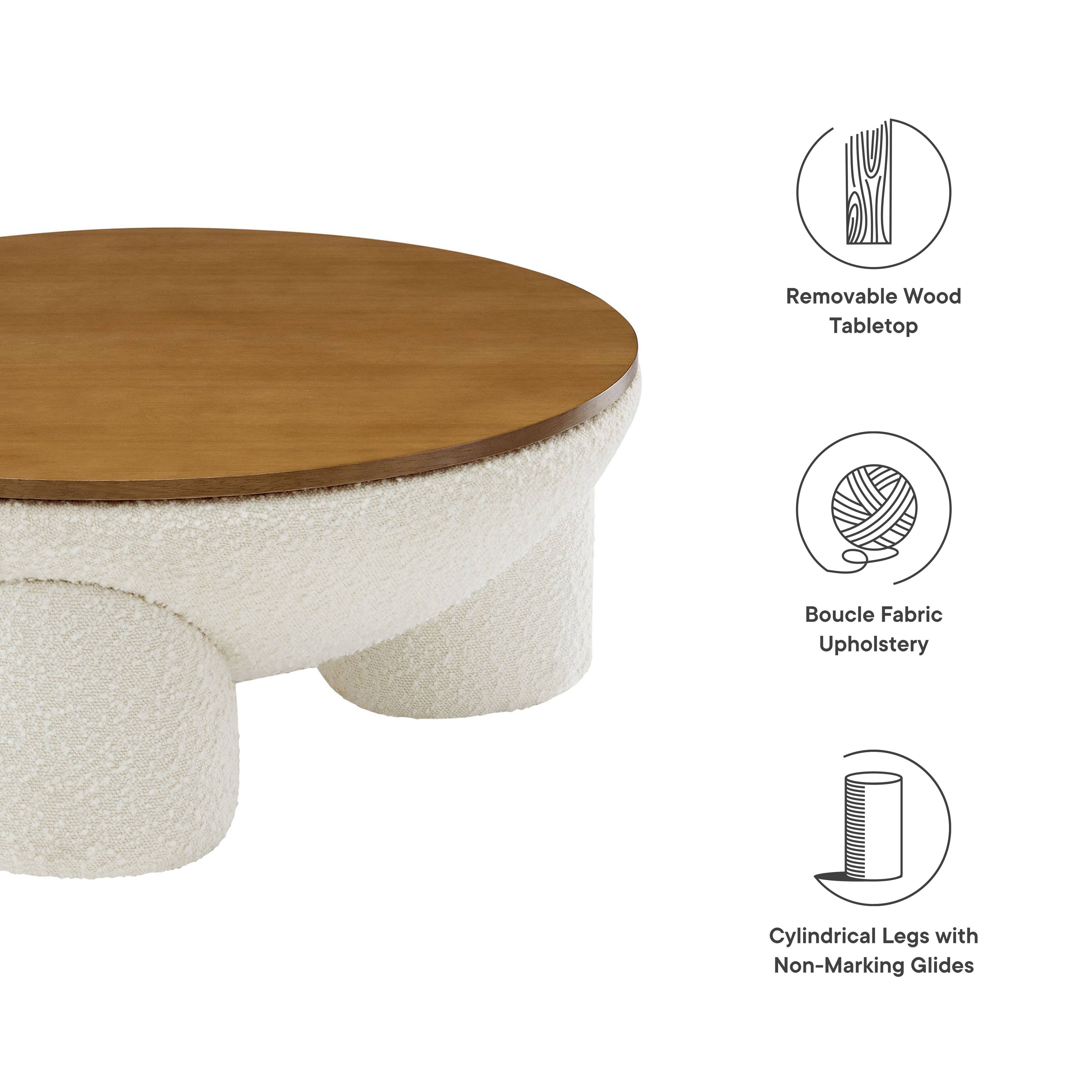 - Removable Wood Tabletop
- Boucle Fabric Upholstery
- Cylindrical Legs with Non-Marking Glides