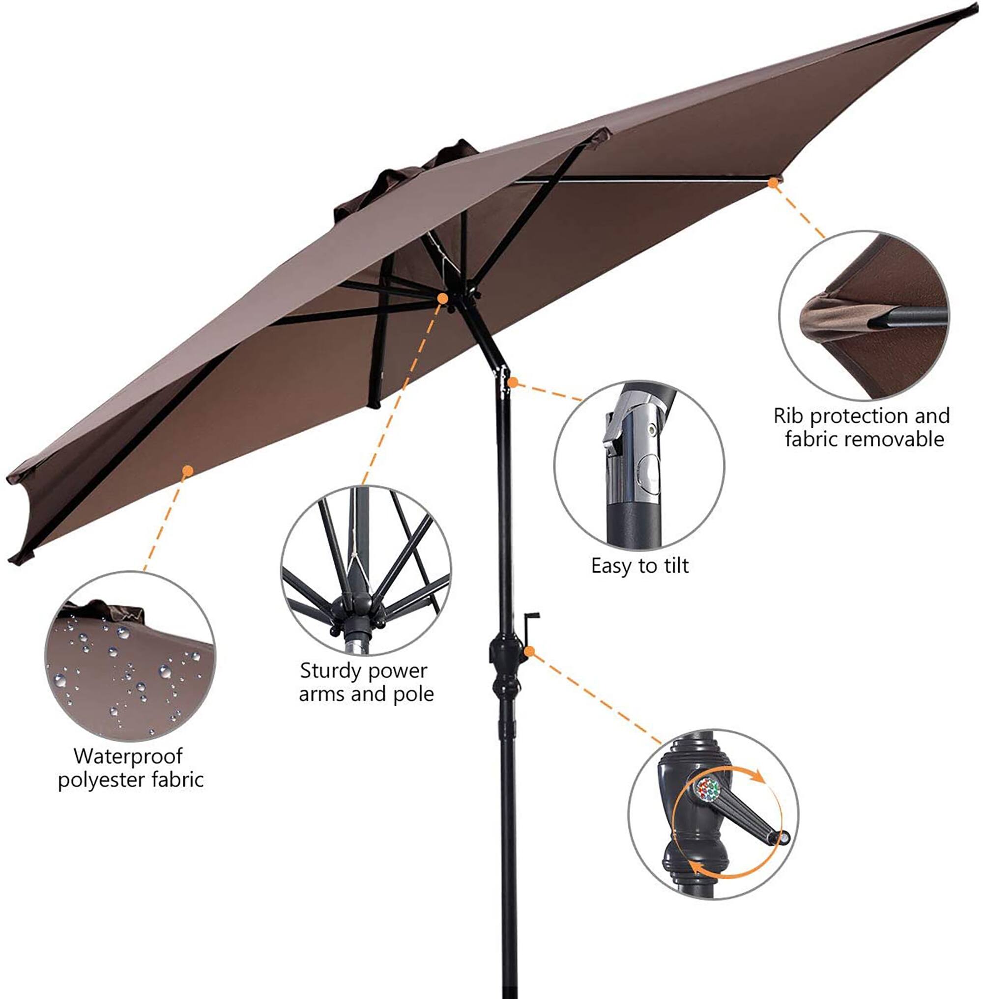 - Rib protection and fabric removable
- Easy to tilt
- Sturdy power arms and pole
- Waterproof polyester fabric