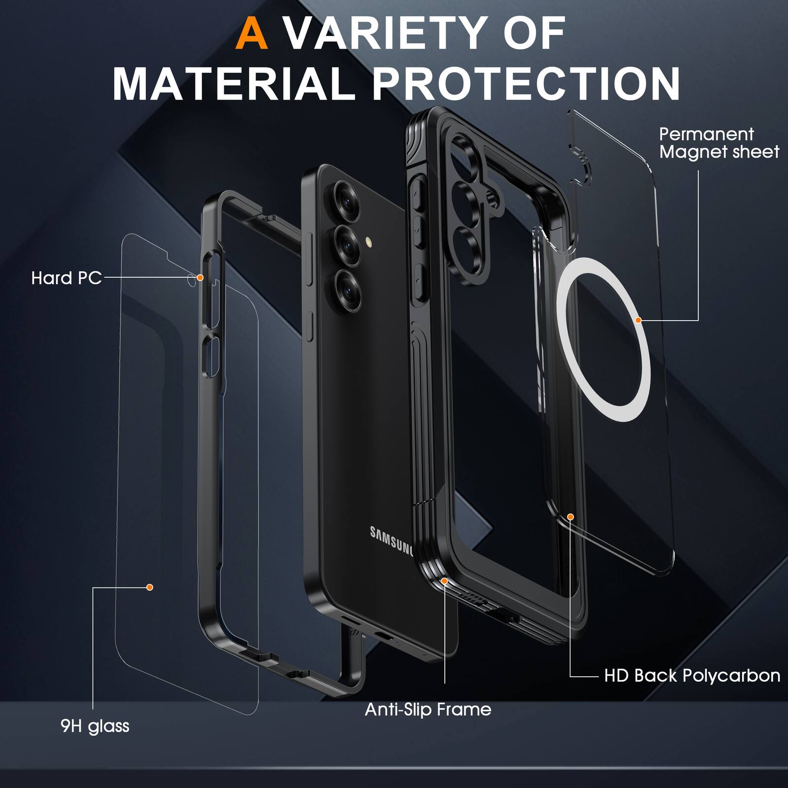 A VARIETY OF MATERIAL PROTECTION

- Permanent Magnet sheet
- Hard PC
- SAMSUNG
- HD Back Polycarbon
- 9H glass
- Anti-Slip Frame