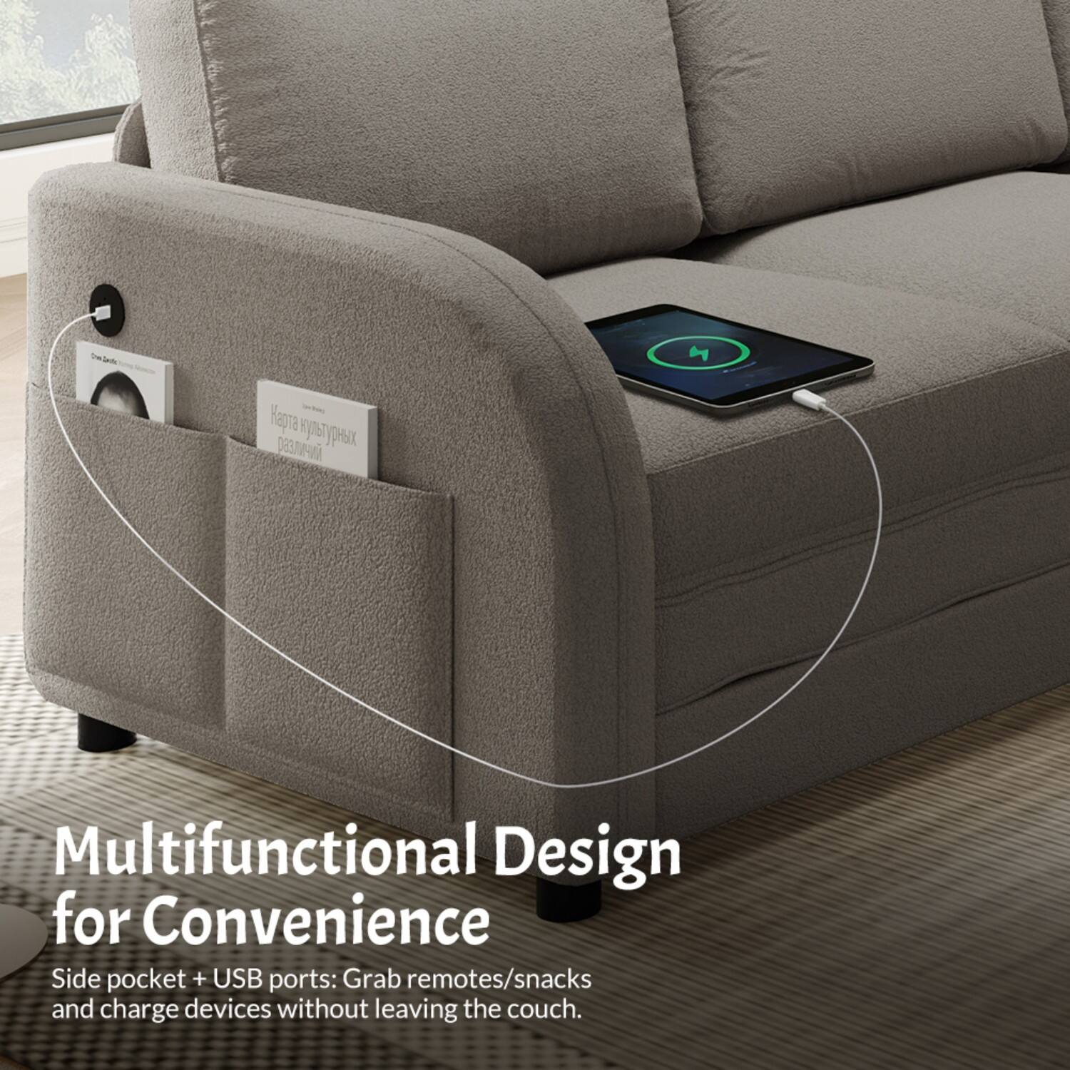 Multifunctional Design for Convenience

Side pocket + USB ports: Grab remotes/snacks and charge devices without leaving the couch.
