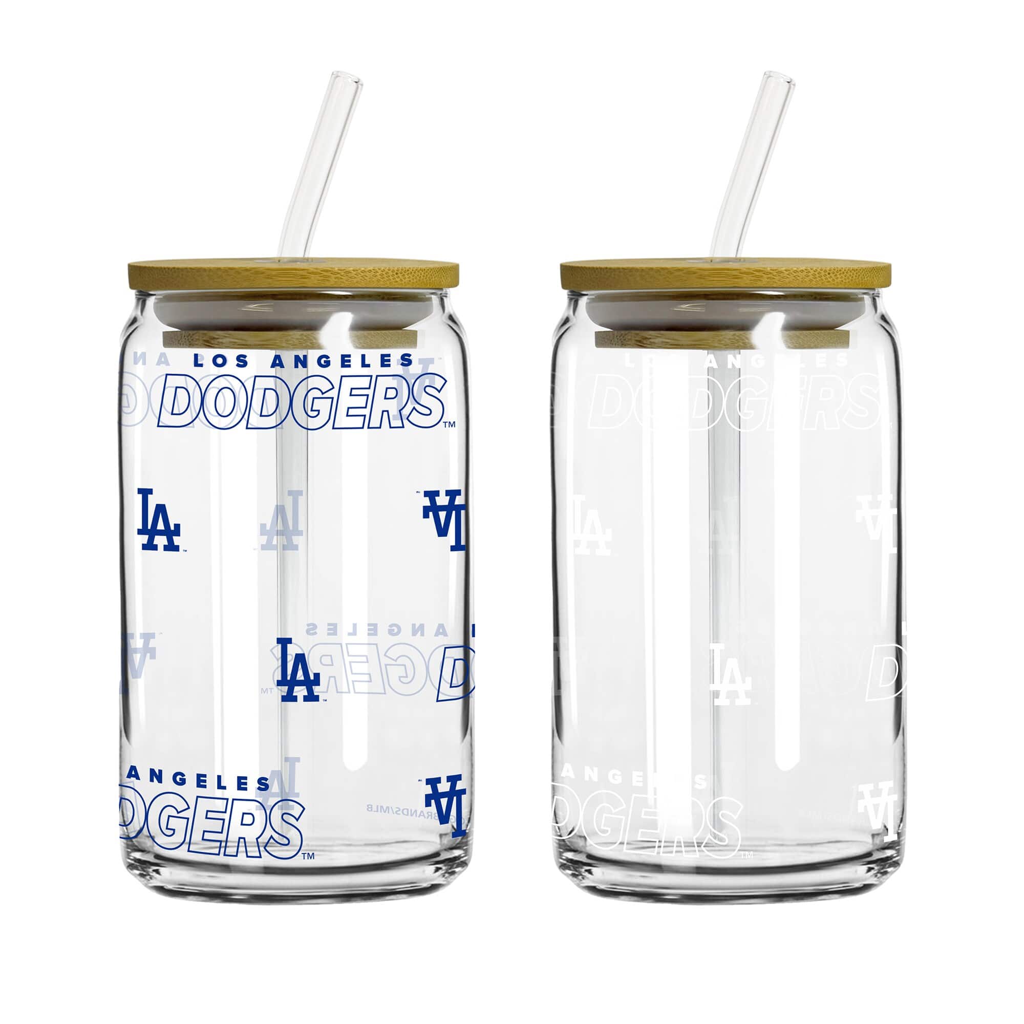 Logo Brands - Los Angeles Dodgers 16oz. Step And Repeat Glass Can with Lid & Straw 2-Pack - Multicolor