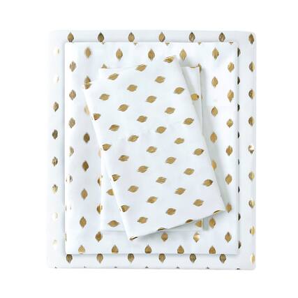 Front. Gracie Mills - Gracie Mills Juniper Metallic Ikat Dot Printed Sheet Set - White/Gold.
