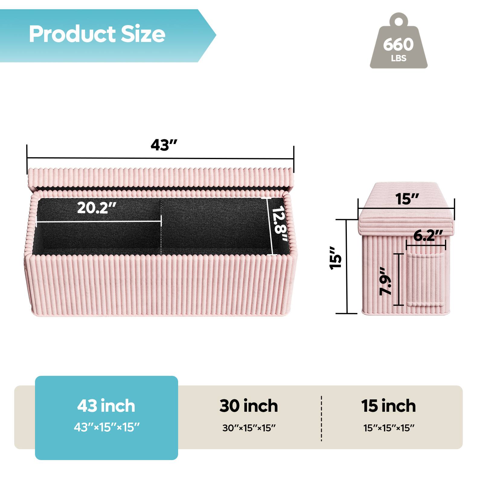 Product Size: 660 LBS

43 inch: 43"x15"x15"
30 inch: 30"x15"x15"
15 inch: 15"x15"x15"