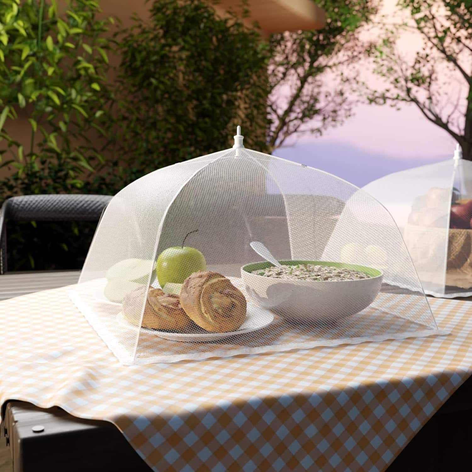 Front. Auledio - 16" Pop-Up Mesh Food Cover - White, Suitable for Outdoor, Party, Picnic, BBQ - Reusable and Foldable Food Tent - White.