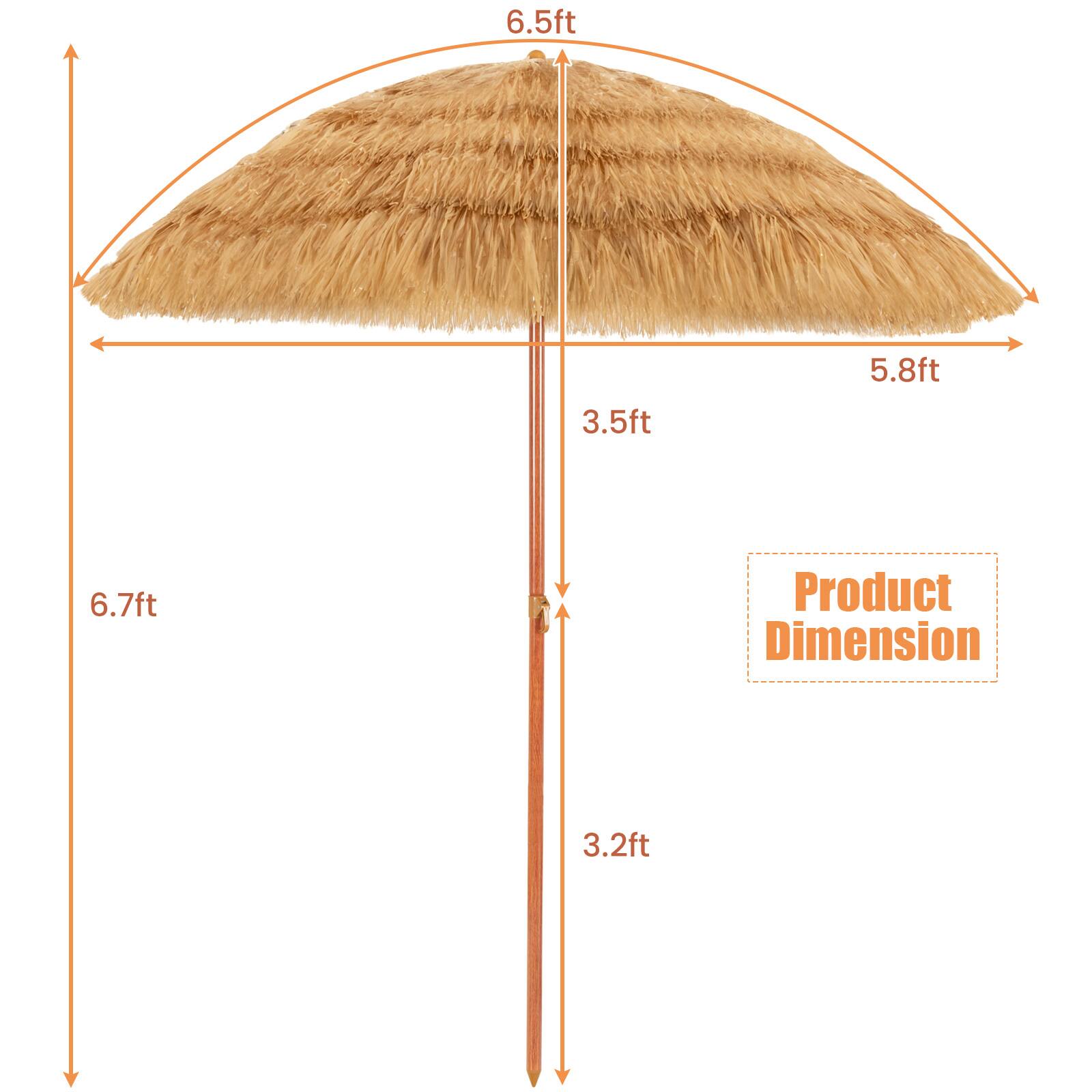 The image shows a straw umbrella with a pole and a 6.5-foot diameter. The umbrella has a 3.5-foot diameter, and its product dimension is 3.2 feet.
