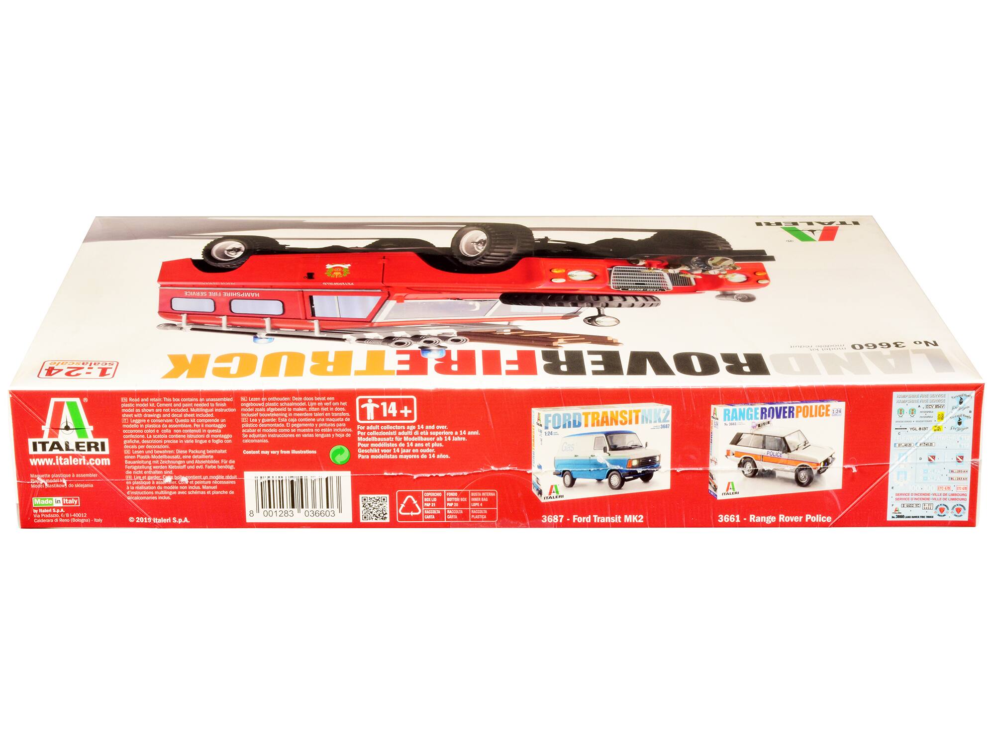 Sure, here is the corrected and grouped text from the image:

---

**ITALERI**

**3687 - Ford Transit MK2**

**3661 - Range Rover Police**

**Ford Transit MK2**

**Range Rover Police**

**ITALERI**

**www.italeri.com**

**Made in Italy**

**Via Ponzio, 18 - 14012**

**2013 Italeri S.p.A.**

**3687 - Ford Transit MK2**

**3661 - Range Rover Police**

**Ford Transit MK2**

**Range Rover Police**

**ITALERI**

**www.italeri.com**

**Made in Italy**

**Via Ponzio, 18 - 14012**

**2013 Italeri S.p.A.**

**14+**

**For adult collectors 14 and over.**

**Pour collectionneurs majeurs de 14 ans.**

**Para modelistas mayores de 14 años.**

**Made in Italy**

**ITALERI**

**www.italeri.com**

**Via Ponzio, 18 - 14012**

**2