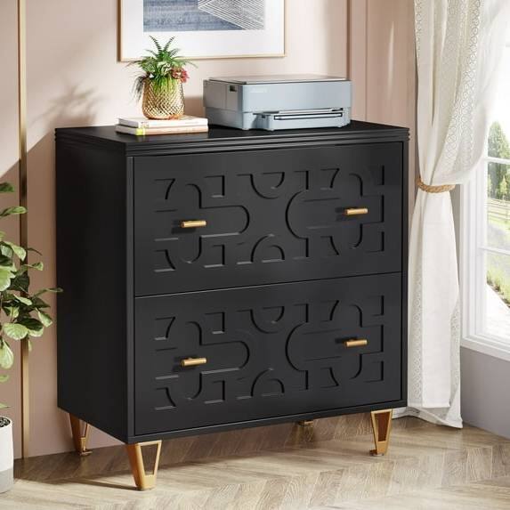 Left. SlickBlue - 2-Drawer Filing Cabinet with Retro Geometric Scroll Design for Office - Black.