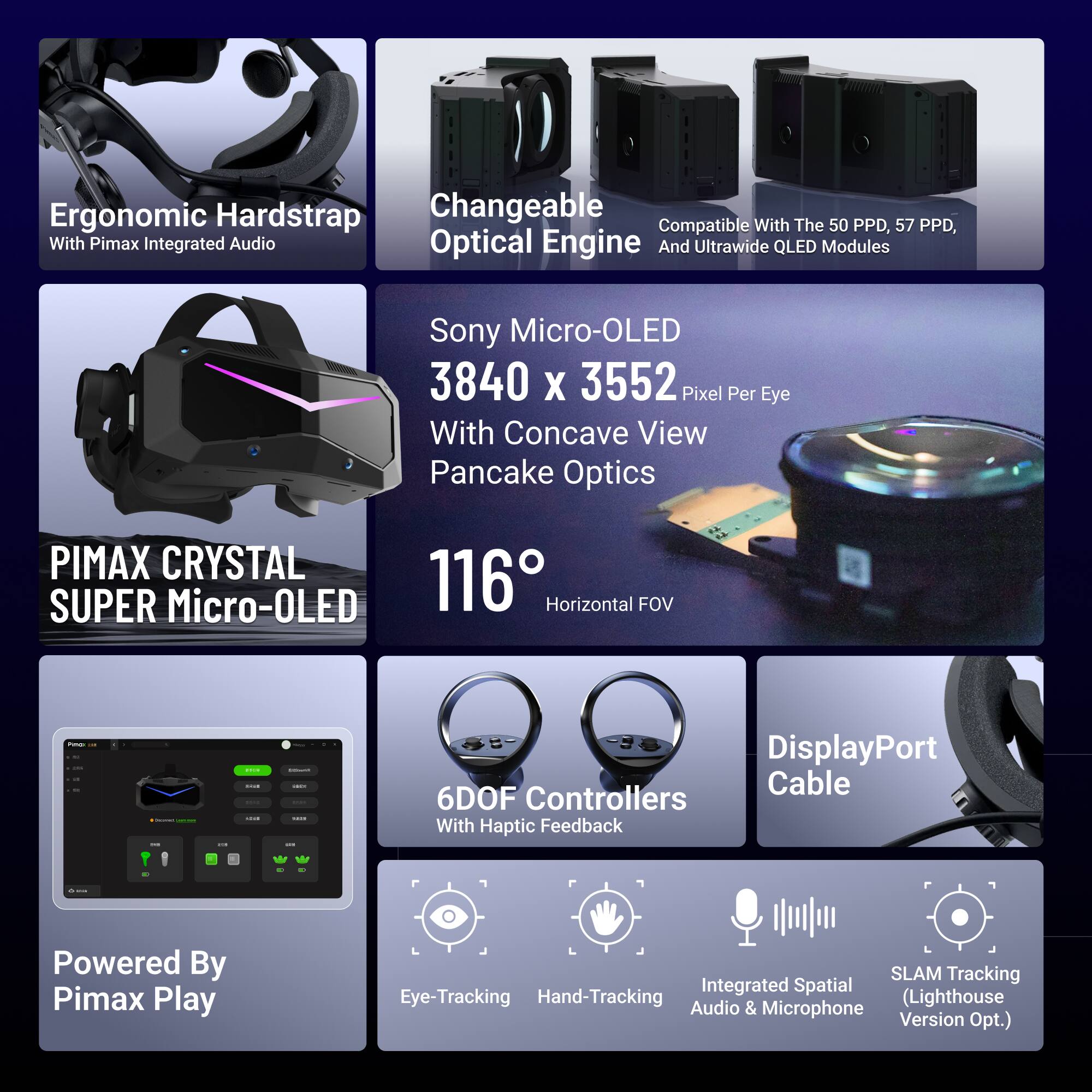 Ergonomic Hardstrap Changeable Compatible With The 50 PPD, 57 PPD, With Pimax Integrated Audio Optical Engine And Ultrawide QLED Modules Sony Micro-OLED 3840 X 3552 Pixel Per Eye With Concave View Pancake Optics PIMAX CRYSTAL 116 SUPER Micro-OLED Horizontal FOV! - I | - - .... I I : | | I - DisplayPort Cable 6DOF Controllers With Haptic Feedback I Powered By Pimax Play SLAM Tracking Integrated Spatial Eye-Tracking Hand-Tracking Audio (Lighthouse & Microphone Version Opt.)