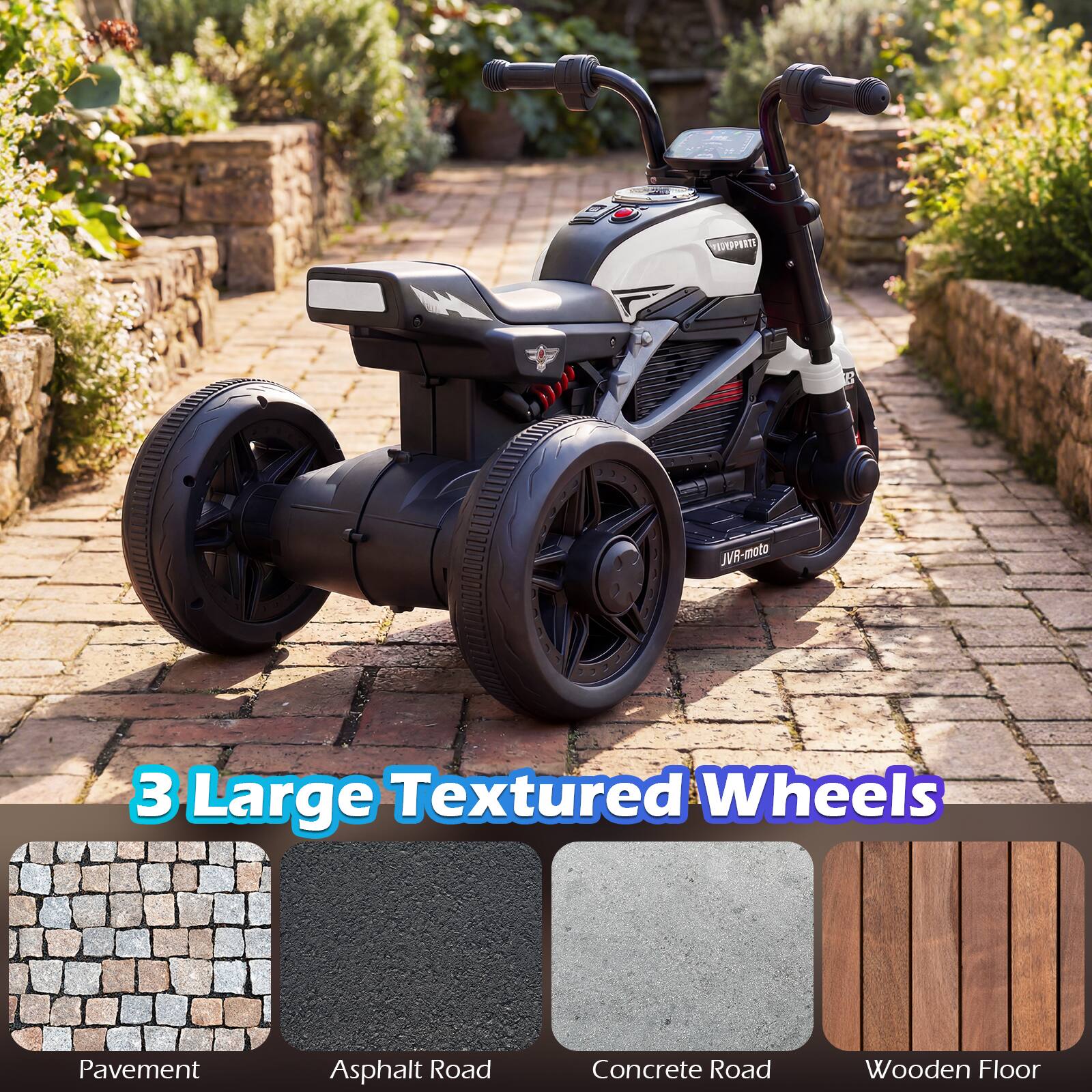 NEPUR D NVR-moto  
3 Large Textured Wheels  
Pavement Asphalt Road Concrete Road Wooden Floor