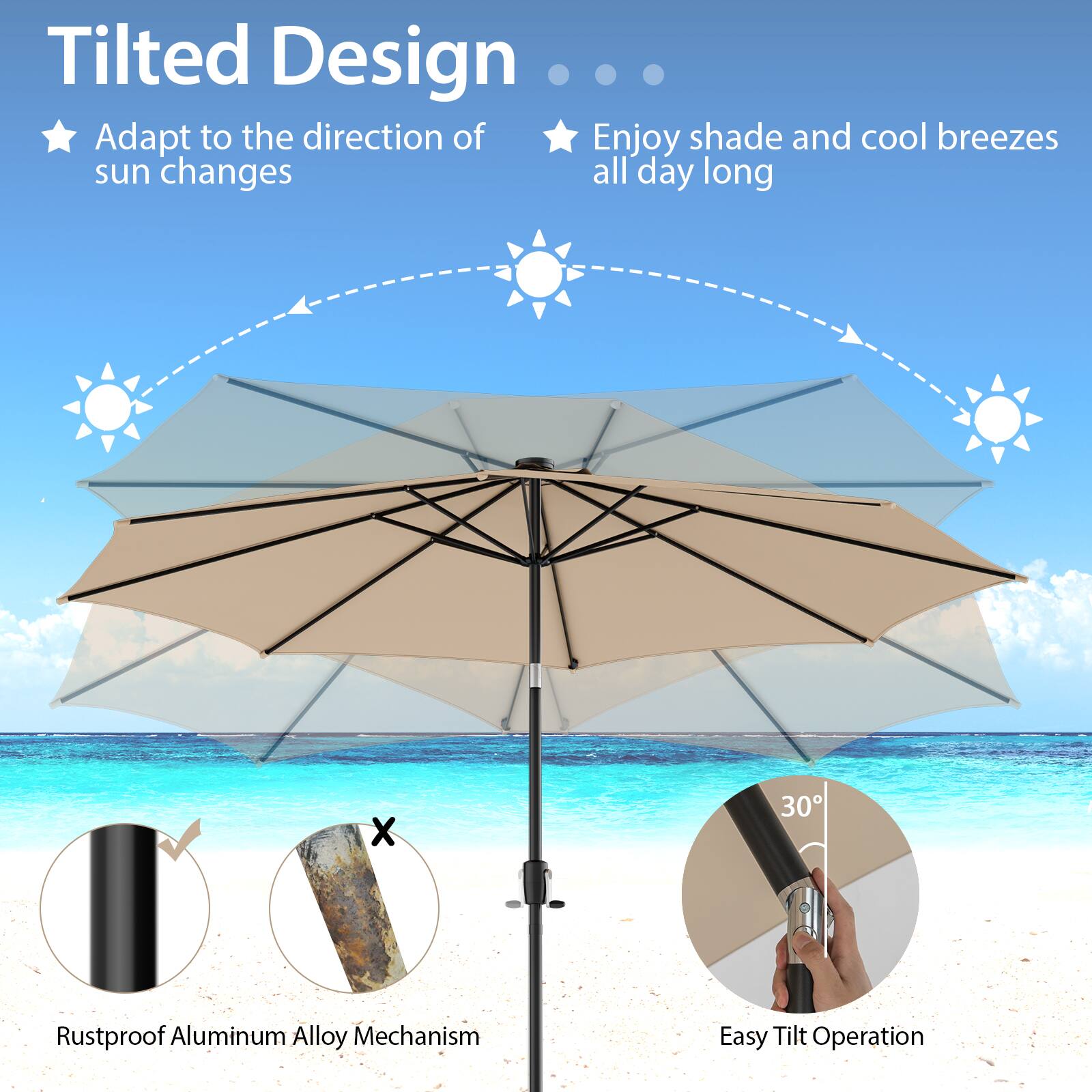 Tilted Design Adapt to the direction of sun changes all day long. Enjoy shade and cool breezes. Rustproof Aluminum Alloy Mechanism. Easy Tilt Operation.