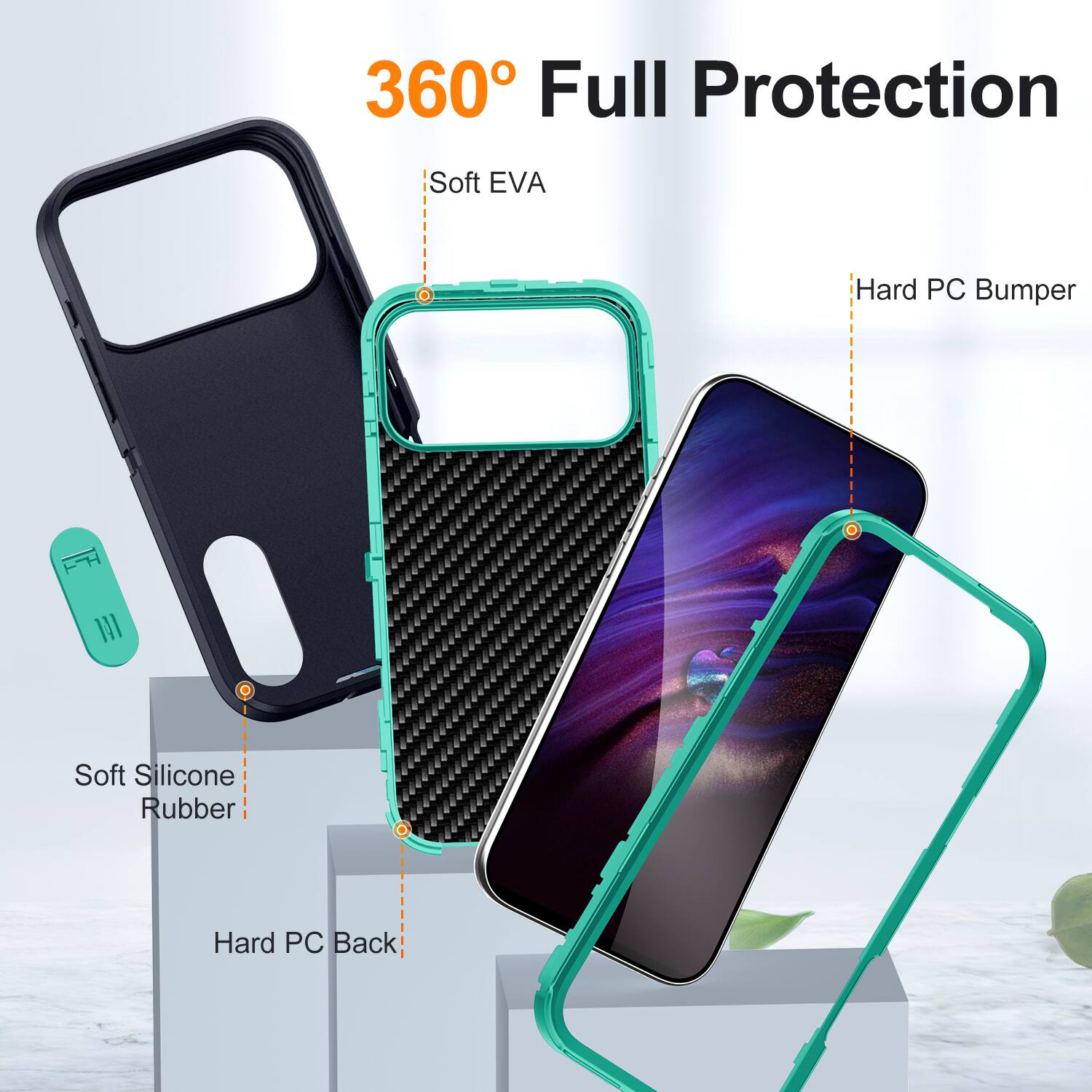 360° Full Protection

- Soft EVA
- Hard PC Bumper
- Soft Silicone Rubber
- Hard PC Back