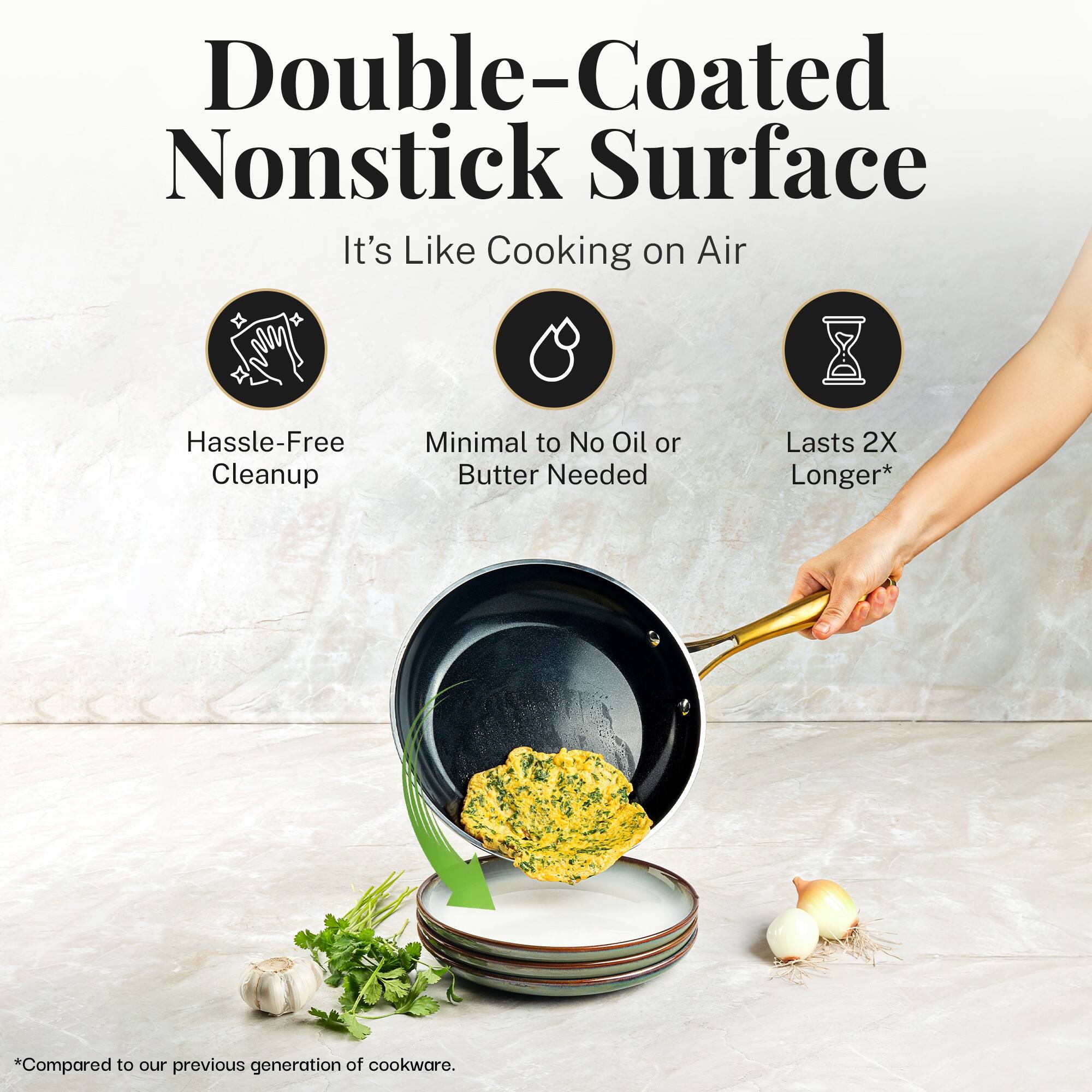 Double-Coated Nonstick Surface
It's Like Cooking on Air
Hassle-Free Cleanup
Minimal to No Oil or Butter Needed
Lasts 2X Longer*
*Compared to our previous generation of cookware.