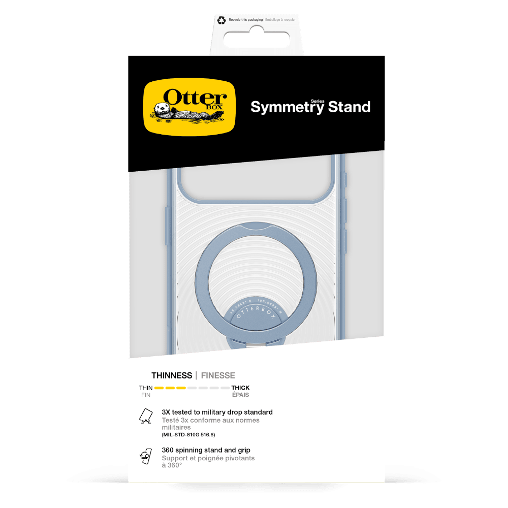 Recycle this packaging  
Emballage à recycler

Otter Series BOX  
Symmetry Stand

106.9826+ OTTERBOX

THINNESS | FINESSE  
THIN | FIN  
THICK | ÉPAIS

3X tested to military drop standard  
Testé 3x conforme aux normes militaires (MIL-STD-810G 516.6)

360 spinning stand and grip  
Support et poigne pivotants à 360°