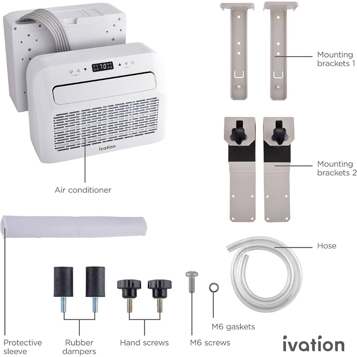 ivation IF brackets Mounting 1 Mounting brackets 2 Air conditioner Hose Protective Rubber sleeve dampers Hand screws M6 gaskets M6 screws ivation