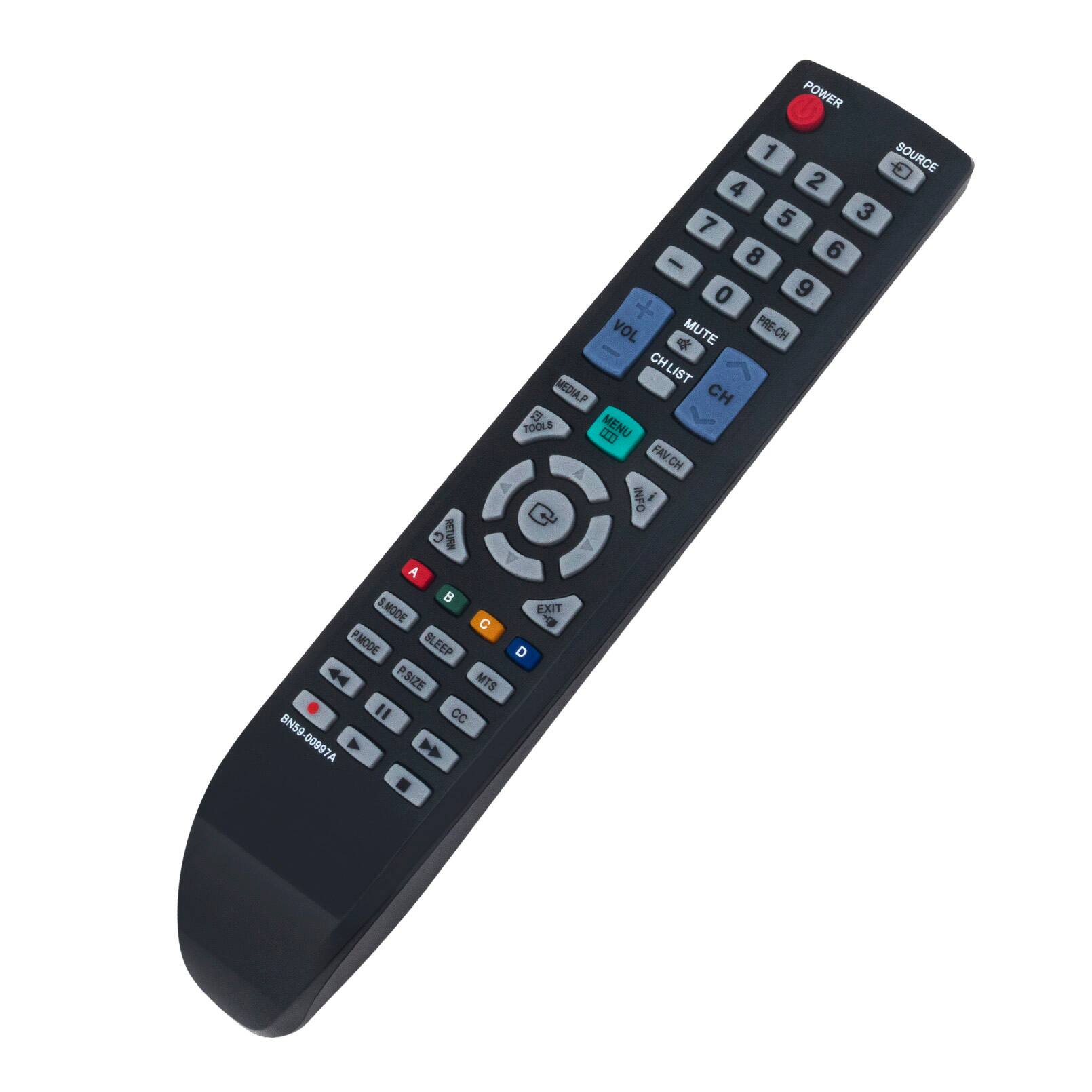 RETURN A B 8.MODE C PMODE SLEEP SL P P.SIZE MTS " CC BN50 00997A POWER 1 SOURCE 2  4 5 3 7 8 6 - 0 9 VOL MUTE PRE-CH 4 CHLIST MEDIAP CH  TOOLS  MENU FAVCH INFO EXIT 2 D