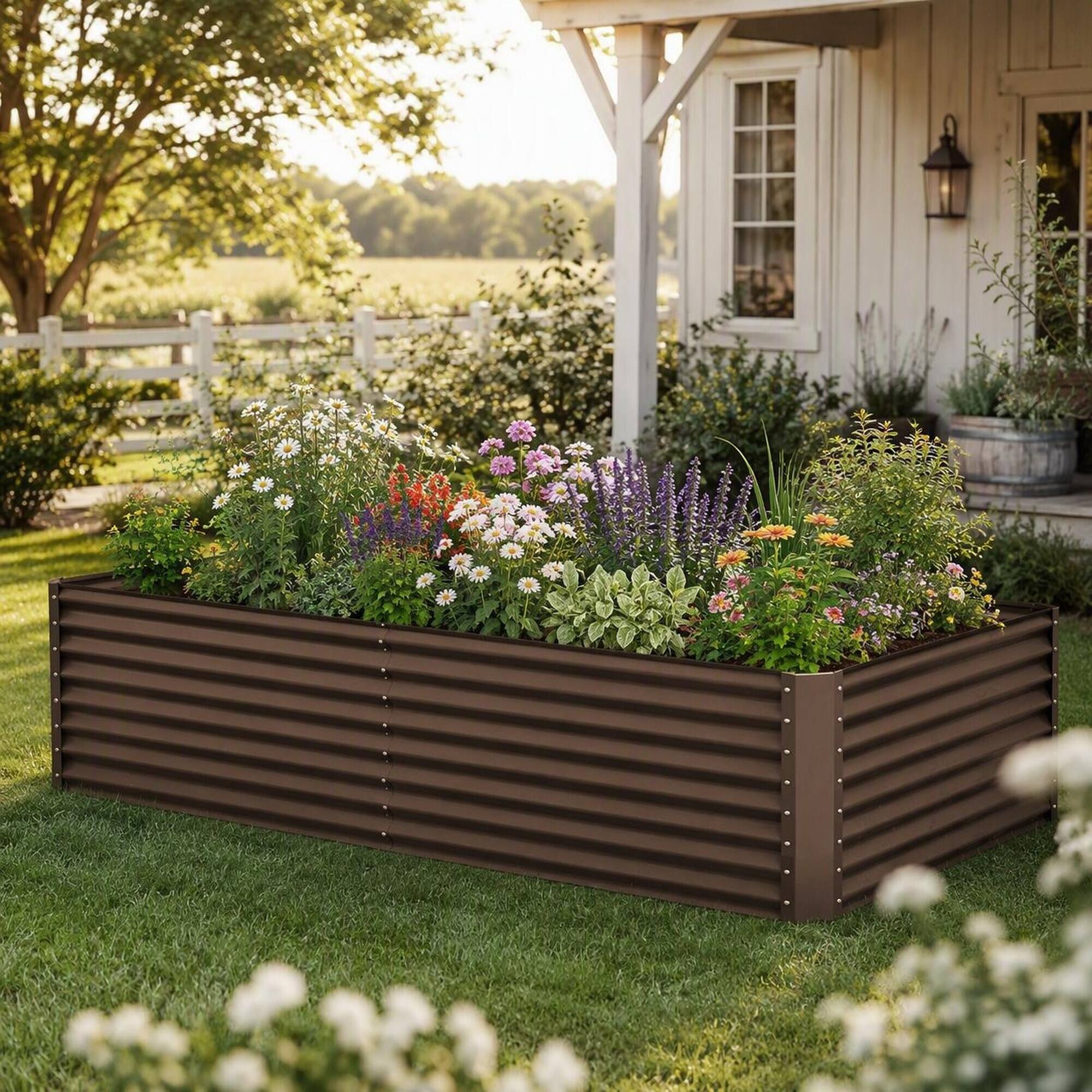 Angle. RYHNUYNE - Galvanized Raised Garden Bed 8x4x2 ft Outdoor Metal Planter Box for Vegetables Flowers and Herbs with Open Base - Brown.