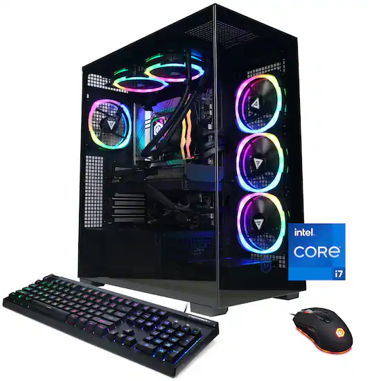 A black Intel Core i7 computer with a keyboard and mouse.