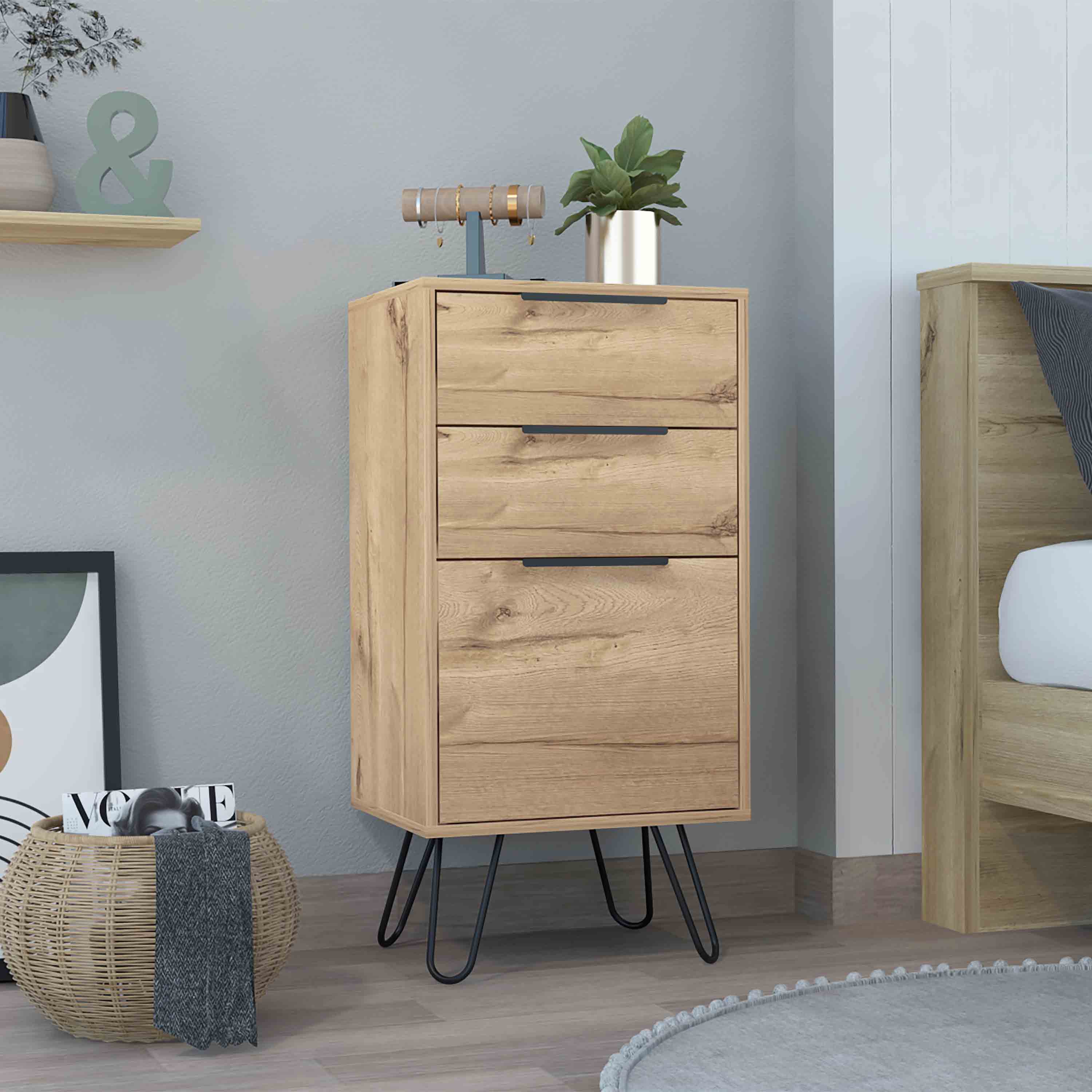 Angle. TuHome - Augusta Light Dresser, Hairpin Legs, Superior Top,Three Drawers - Light Oak.