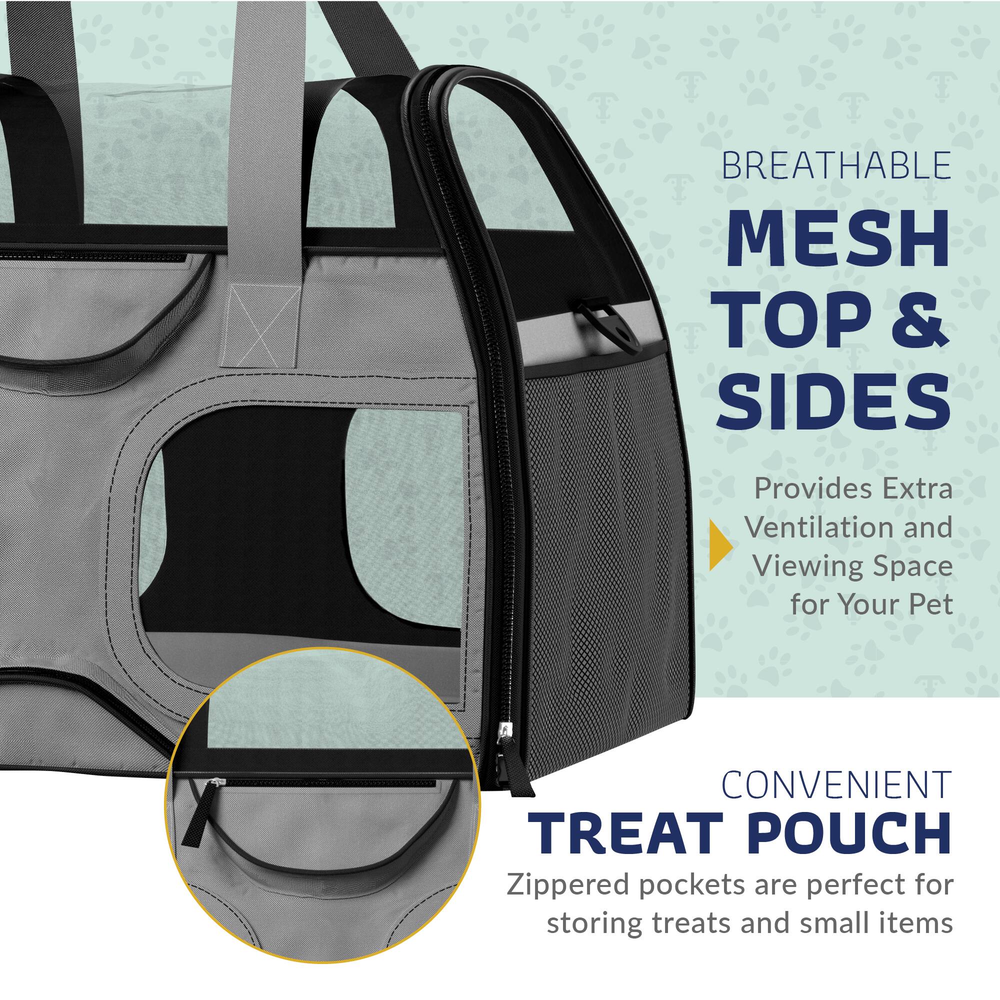 BREATHABLE MESH TOP & SIDES  
Provides Extra Ventilation and Viewing Space for Your Pet  

CONVENIENT TREAT POUCH  
Zippered pockets are perfect for storing treats and small items