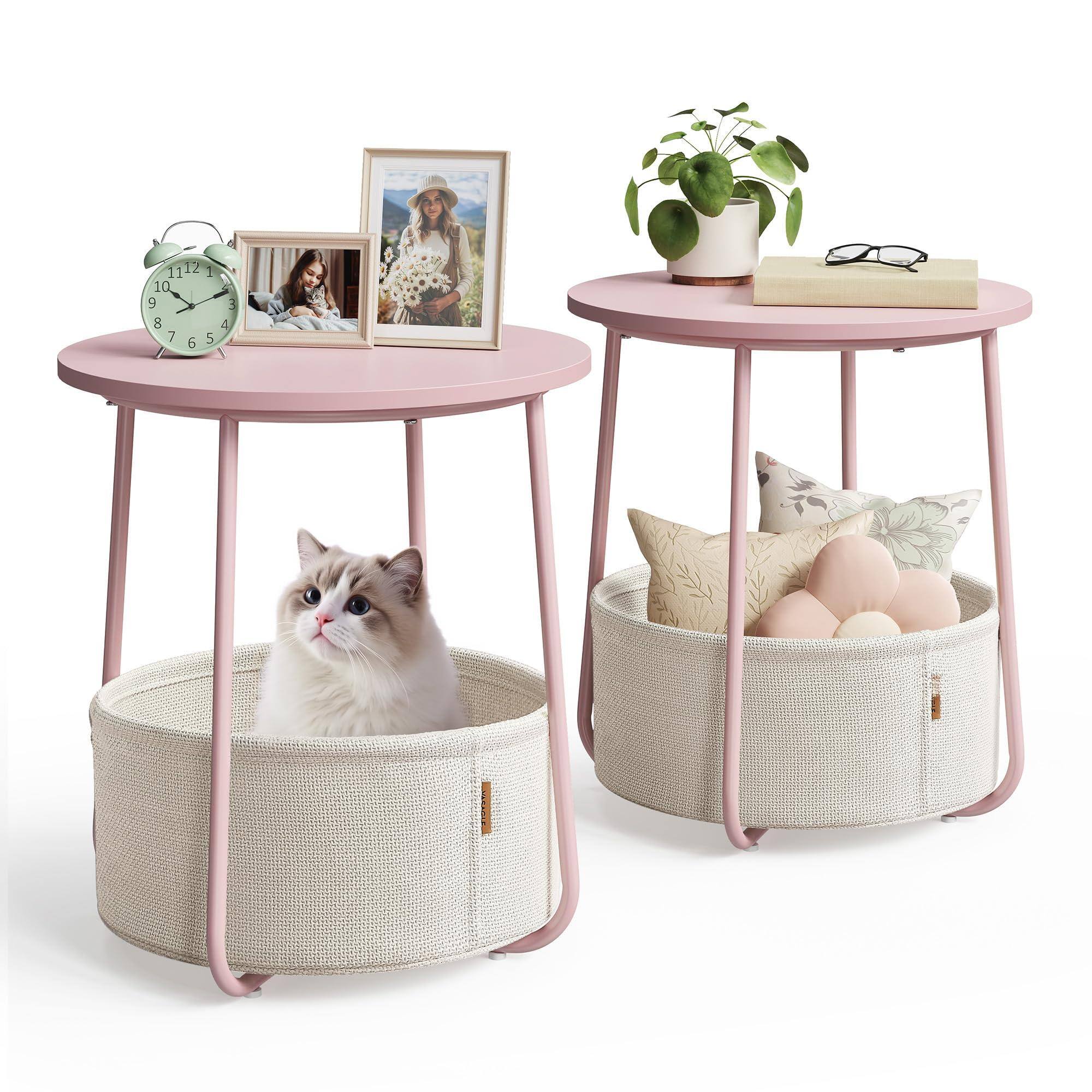 VEGA AUTOMOTIVE - Nightstands Set Of 2 Round Side Tables With Fabric Basket Bedside End For Bedroom Cement And Cream Ulct667g01 - Jelly Pink + Cream White