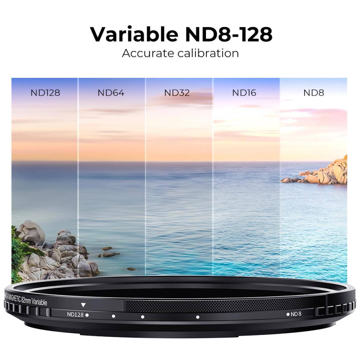 Variable ND8-128  
Accurate calibration  
ND128 ND64 ND32 ND16 ND8  

ANAGHETIC 82mm Variable ND128