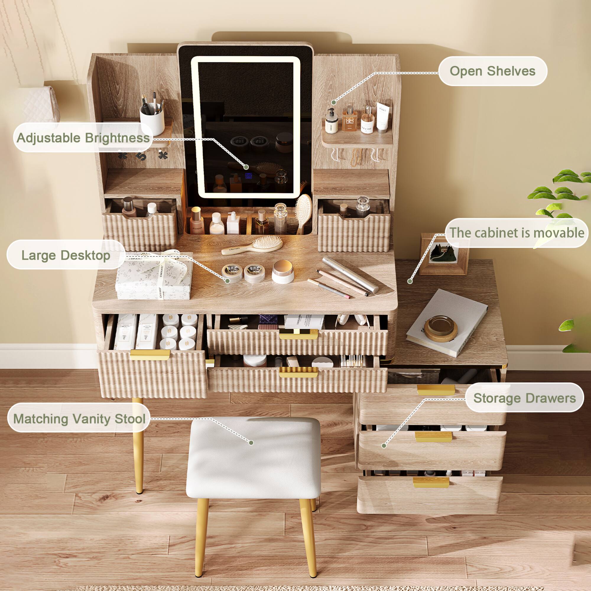 - Open Shelves
- Adjustable Brightness
- Large Desktop
- The cabinet is movable
- Matching Vanity Stool
- Storage Drawers
