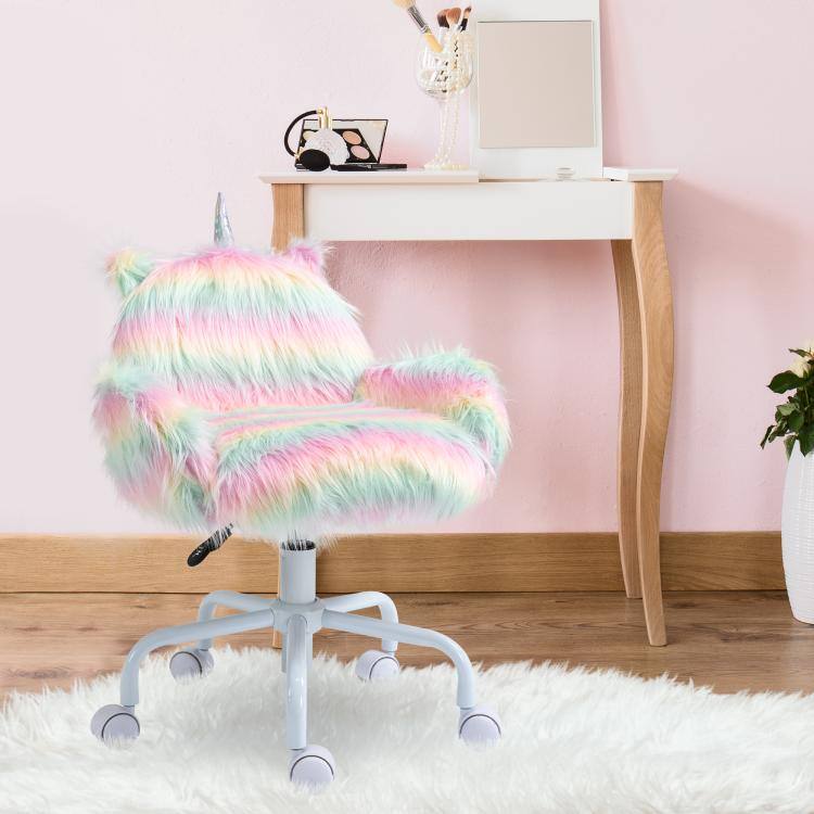 Alt View 9. PULUZ - Fluffy Unicorn Office Chair with Mid-Back and Armrest Support, 5 Star Swivel Wheel White Base - Rainbow.