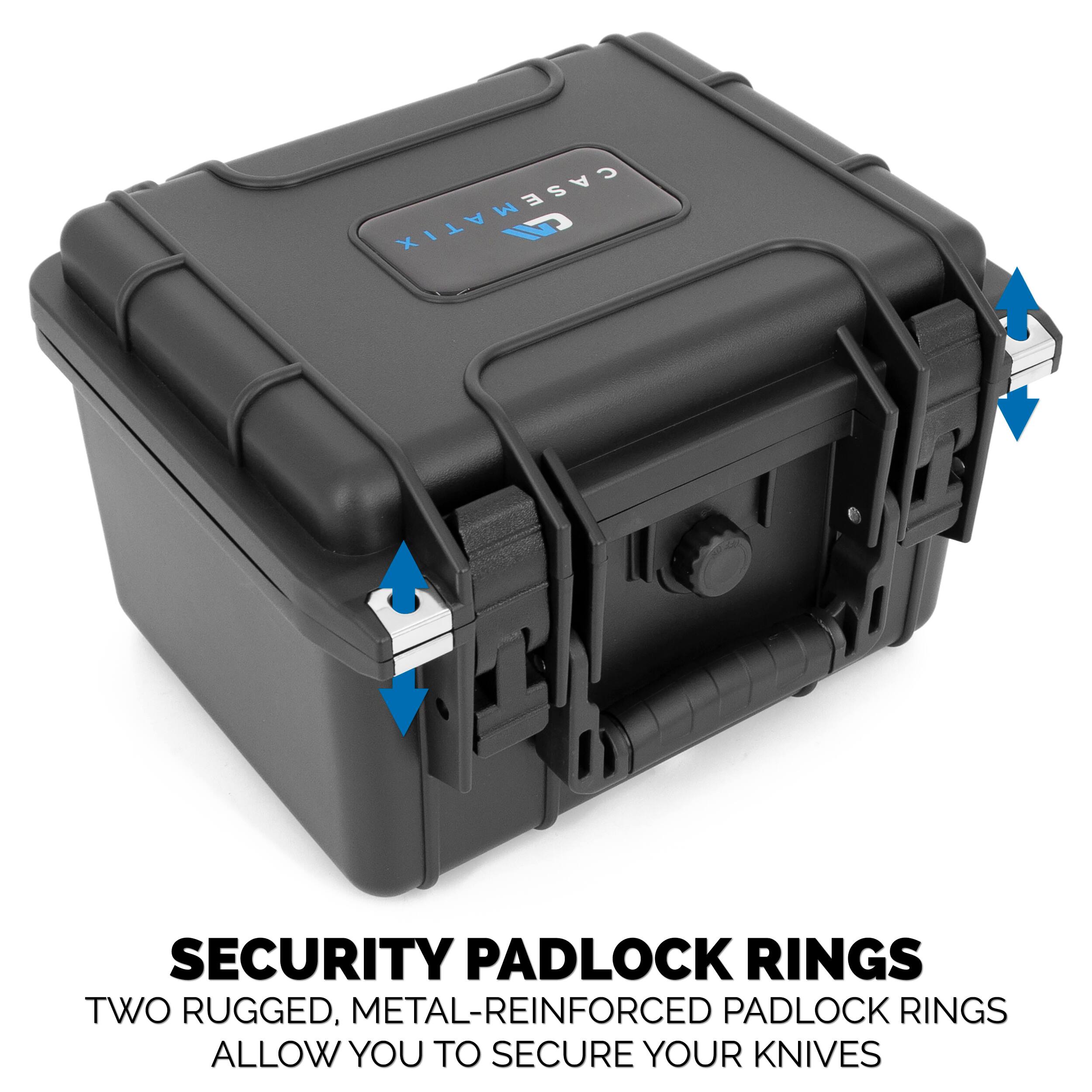 CASEMATIX SECURITY PADLOCK RINGS

TWO RUGGED, METAL-REINFORCED PADLOCK RINGS ALLOW YOU TO SECURE YOUR KNIVES