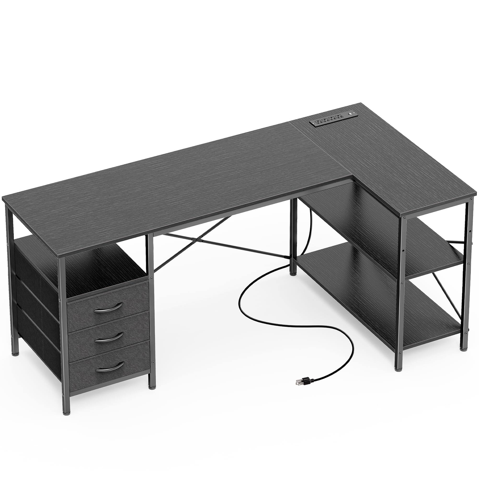 Hirose Alice - Huuger L Shaped Office Desk with Power Outlets, nch Computer Desk with 3 Drawers, Shelves, Reverisble for G - Black 55inch