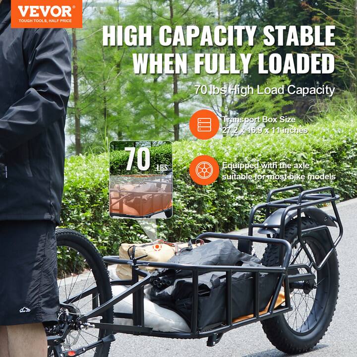 VEVOR  
TOUGH TOOLS, HALF PRICE

HIGH CAPACITY STABLE WHEN FULLY LOADED

70 lbs High Load Capacity

Transport Box Size  
27.2 x 16.9 x 11 inches

Equipped with the axle suitable for most bike models