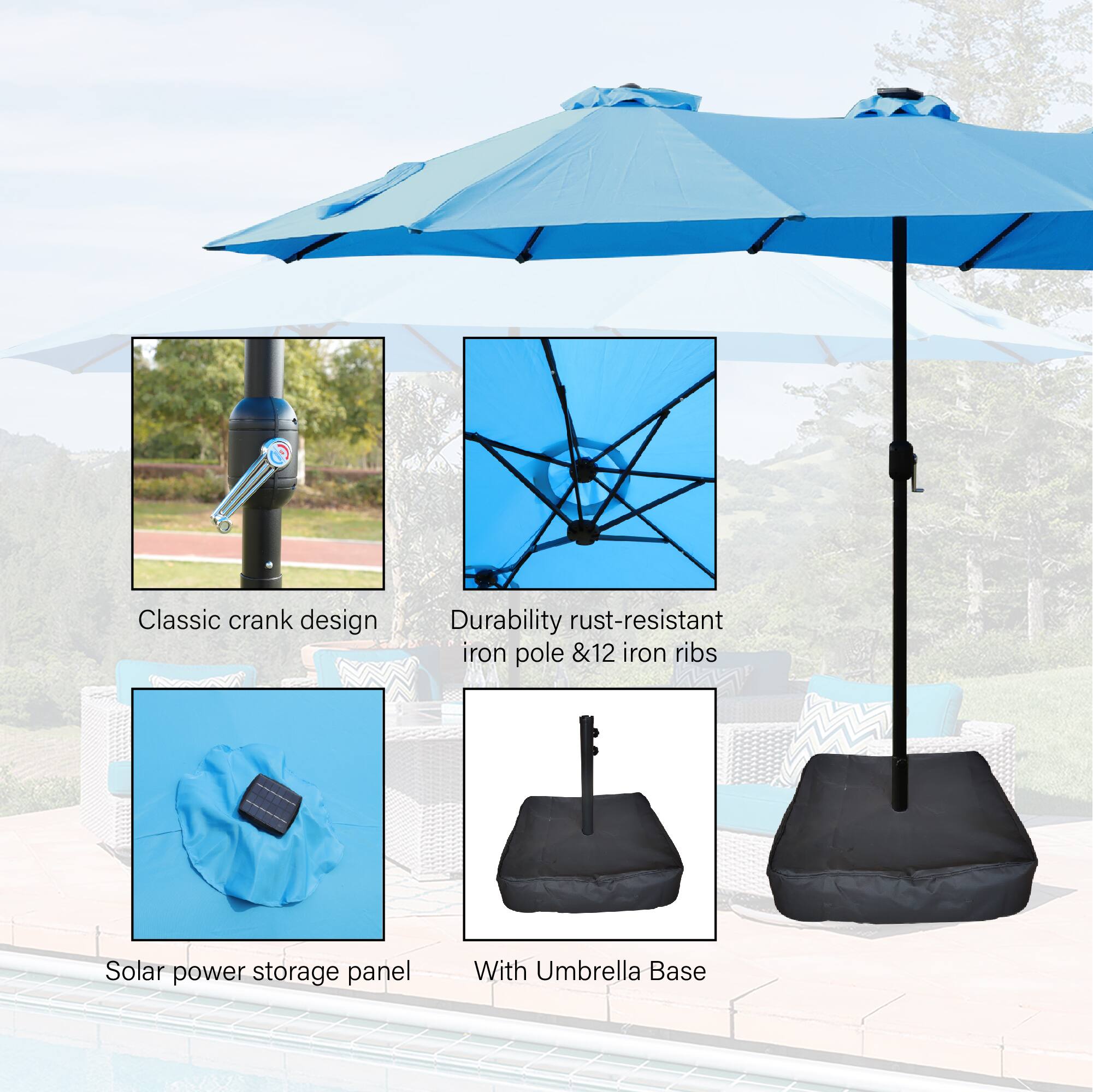 - Classic crank design
- Durability rust-resistant iron pole & 12 iron ribs
- Solar power storage panel
- With Umbrella Base