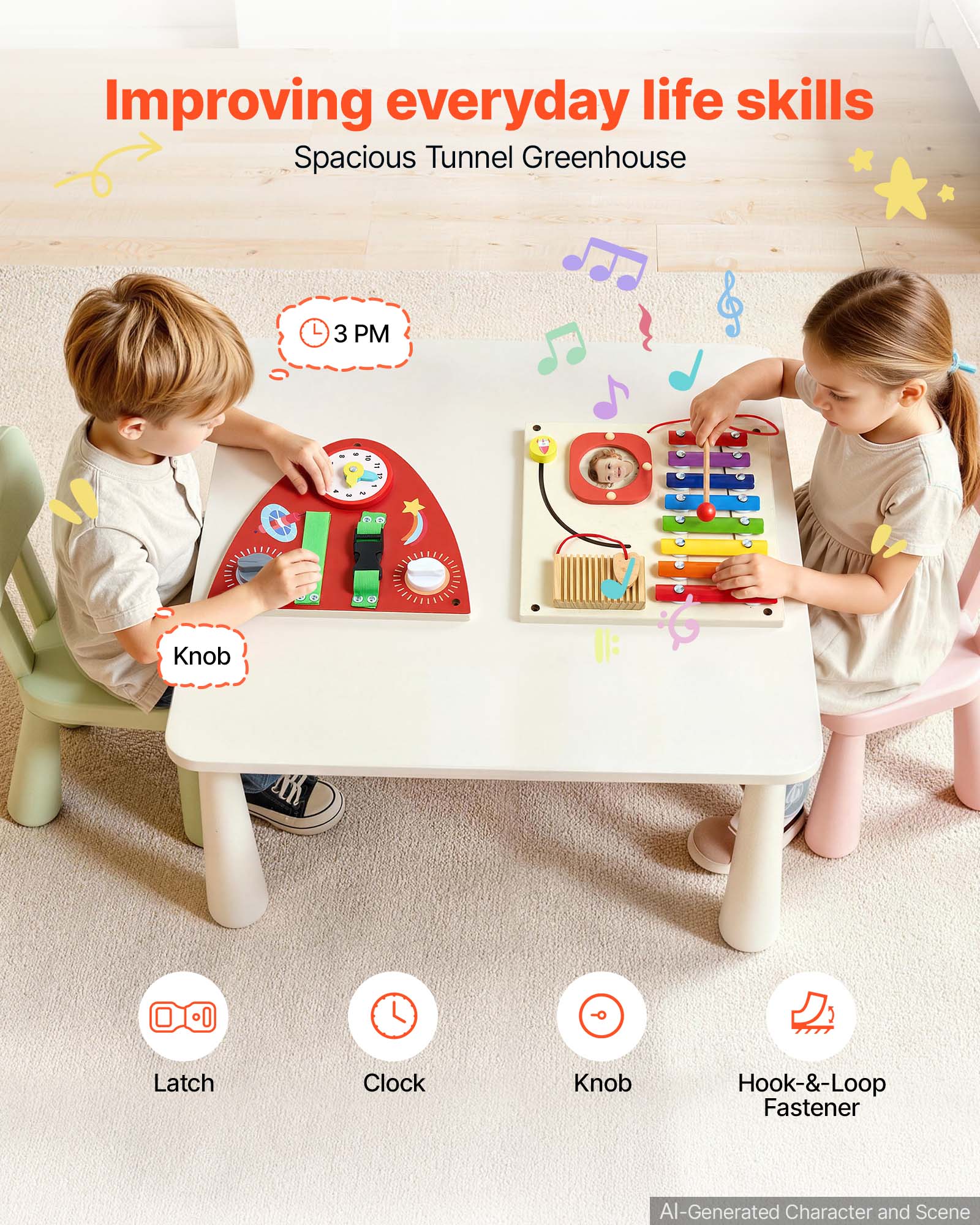 Improving everyday life skills  
Spacious Tunnel Greenhouse

3 PM  
10  
Knob  
DER  
Latch  
Clock  
Knob  
Hook-&-Loop Fastener  

AI-Generated Character and Scene