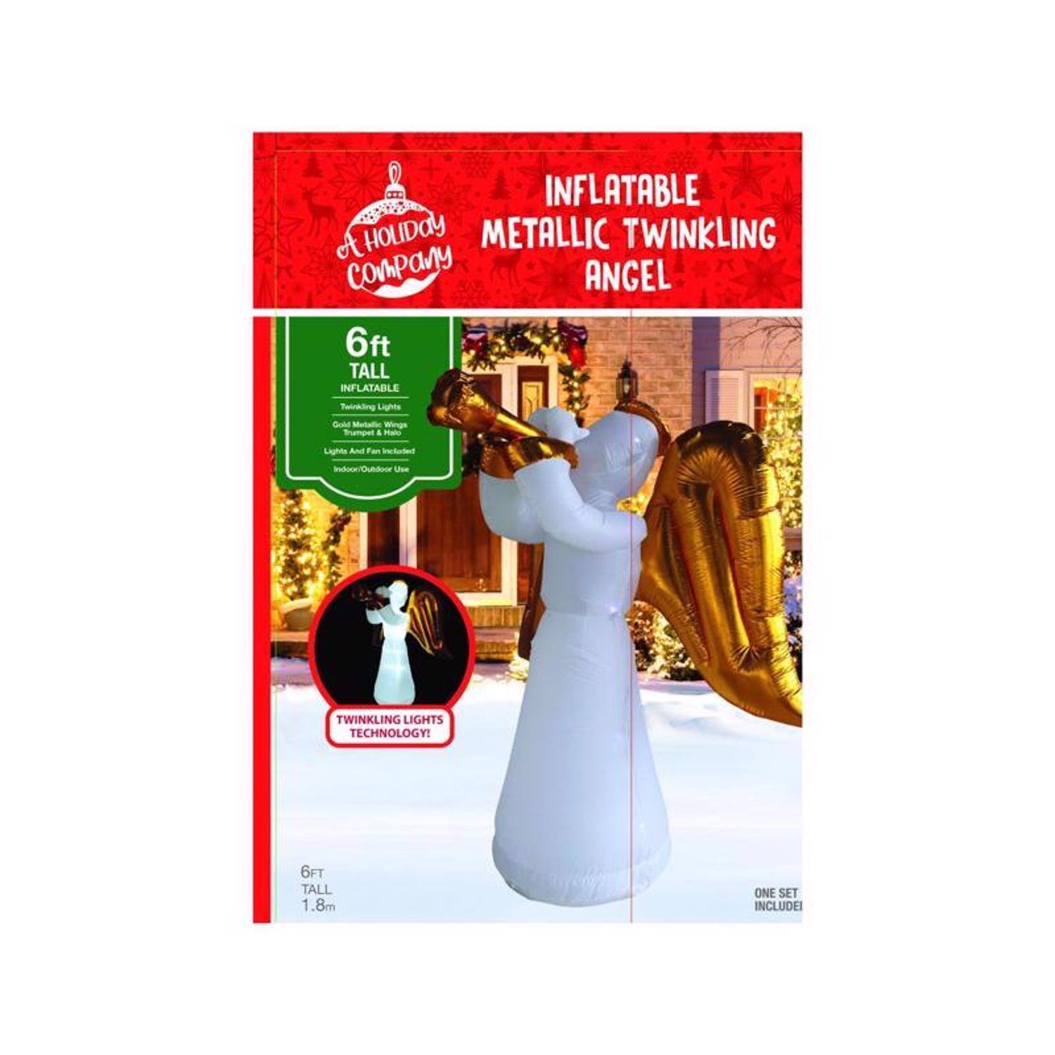 INFLATABLE METALLIC TWINKLING ANGEL

6ft TALL
- Twinkling Lights
- Gold Metallic Wings
- Trumpet Halo
- Lights & Fan Included
- Indoor/Outdoor Use

TWINKLING LIGHTS TECHNOLOGY!

6FT TALL
1.8m

ONE SET INCLUDES