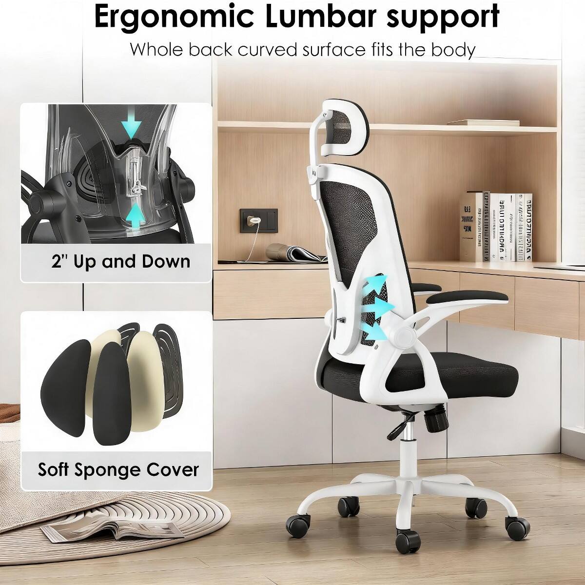 Ergonomic Lumbar support  
Whole back curved surface fits the body  

2" Up and Down  

Soft Sponge Cover