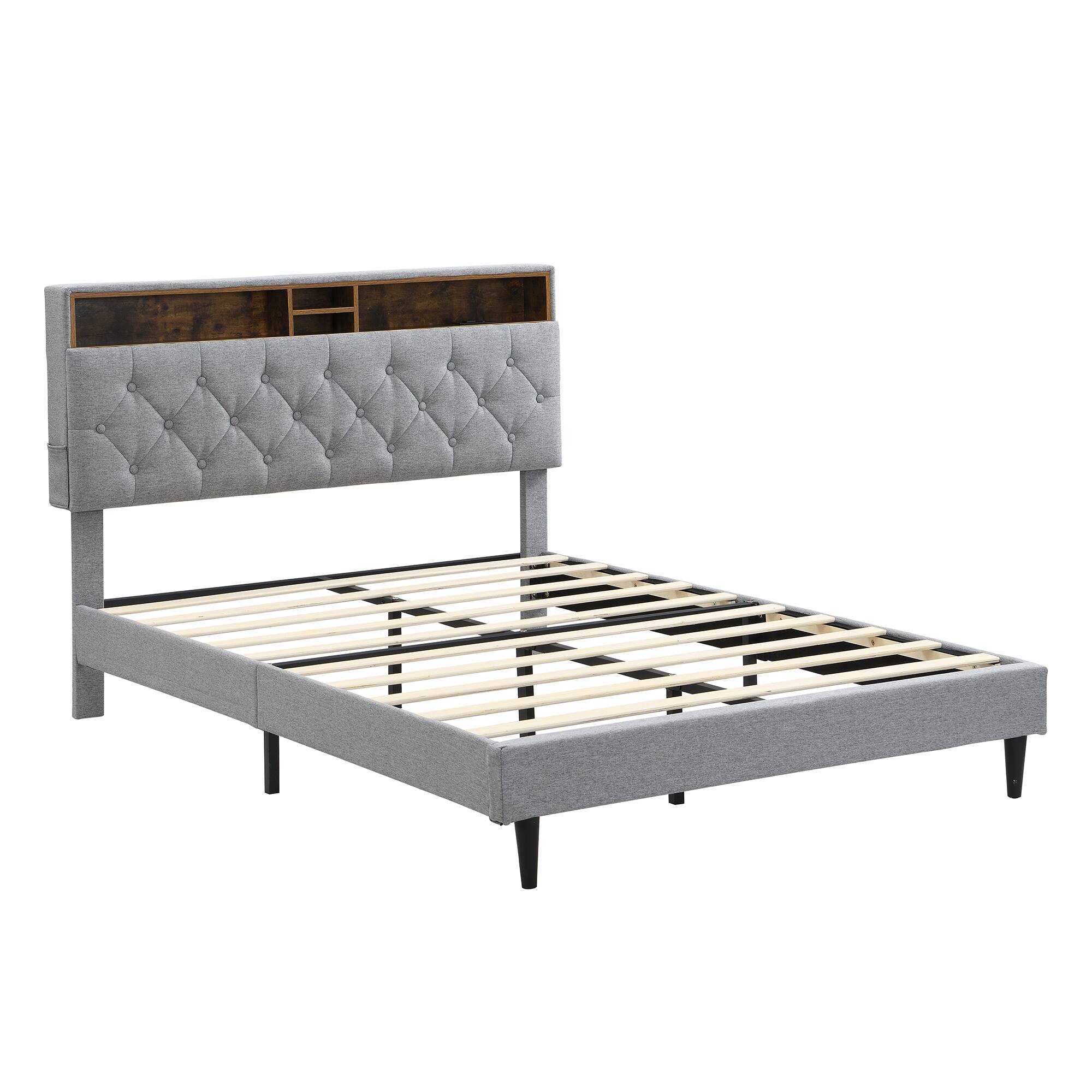Angle. LUCKY ONE - Queen Size Upholstered Platform Bed Frame with Button-Tufted Linen Headboard, USB Ports, Charging Station, Side Pockets - LIGHT GREY.