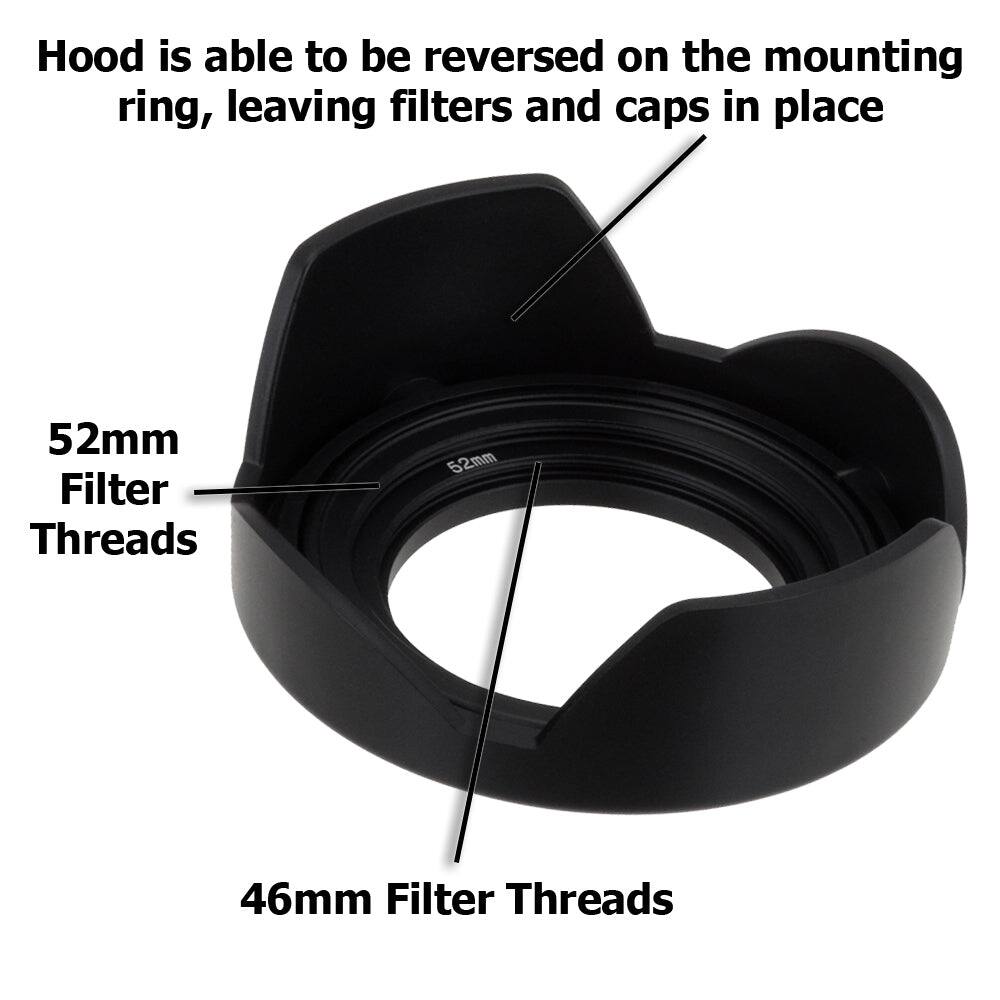 Hood is able to be reversed on the mounting ring, leaving filters and caps in place

52mm Filter Threads

46mm Filter Threads
