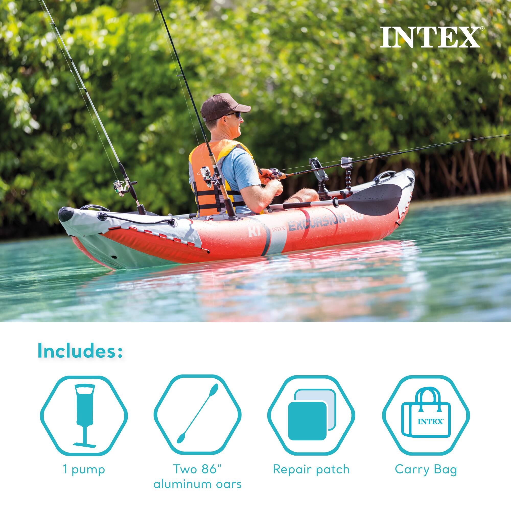 INTEX Excursion Pro Includes:  
- 1 pump  
- Two 86" aluminum oars  
- Repair patch  
- Carry Bag