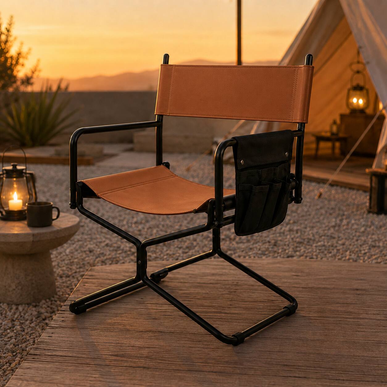 Angle. Anysun - 21" Leather Heavy Duty Folding Camping Chair for Adults – Portable Outdoor Seat for Lawn, Fishing, Courtyard & Daily Use - Brown.