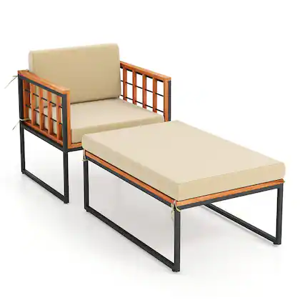 Front. Costway - 1 PCS Outdoor Furniture Set Patio Acacia Wood Armchair with Long Ottoman Cozy Seat - Beige.