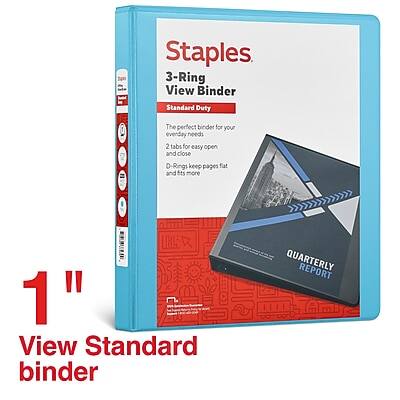 Staples  
3-Ring View Binder  
Standard Duty  

The perfect binder for your everyday needs  
2 tabs for easy open and close  
D-Rings keep pages fat and fits more  

1" View Standard binder  

QUARTERLY REPORT  

View Standard binder