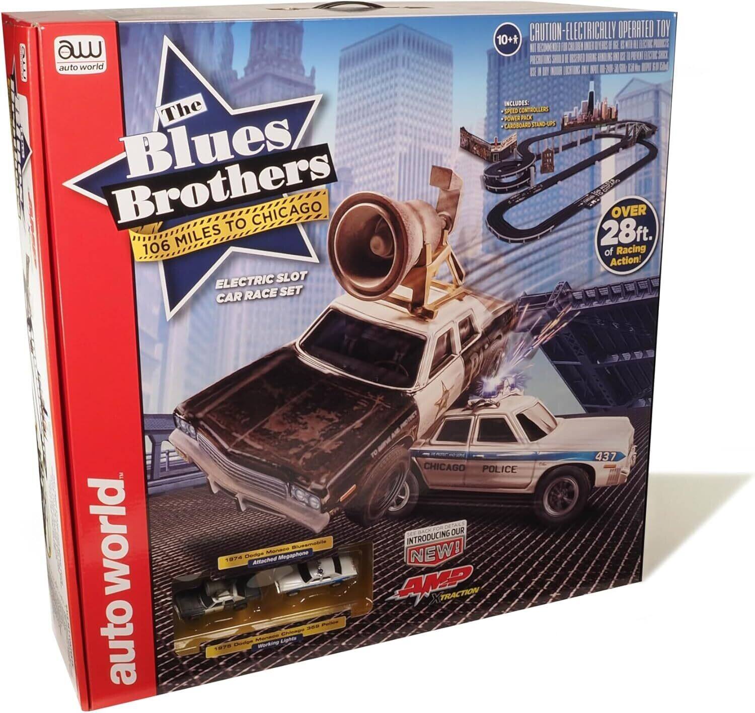 auto world  
The Blues Brothers  
106 MILES TO CHICAGO  
ELECTRIC SLOT CAR RACE SET  
CAUTION - ELECTRICALLY OPERATED TOY  
10+  
INCLUDES:  
- ROLLERS  
- POWER PACK  
- CARBOARD STAND-UPS  
OVER 28ft. of Racing Action!  
CHICAGO POLICE  
437  
INTRODUCING OUR NEW!  
AMP TRACTION  
1974 Dodge Monaco Bluesmobile  
Attached Motor  
1975 Dodge Monaco Bluesmobile  
Sticker Lights  
380 Pcs.