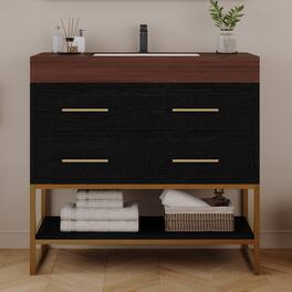 Loheer - 36 inch bathroom vanity with sink, Freestanding bathroom sink cabinet, Sintered Stone Top, Black/Walnut - Black, Walnut