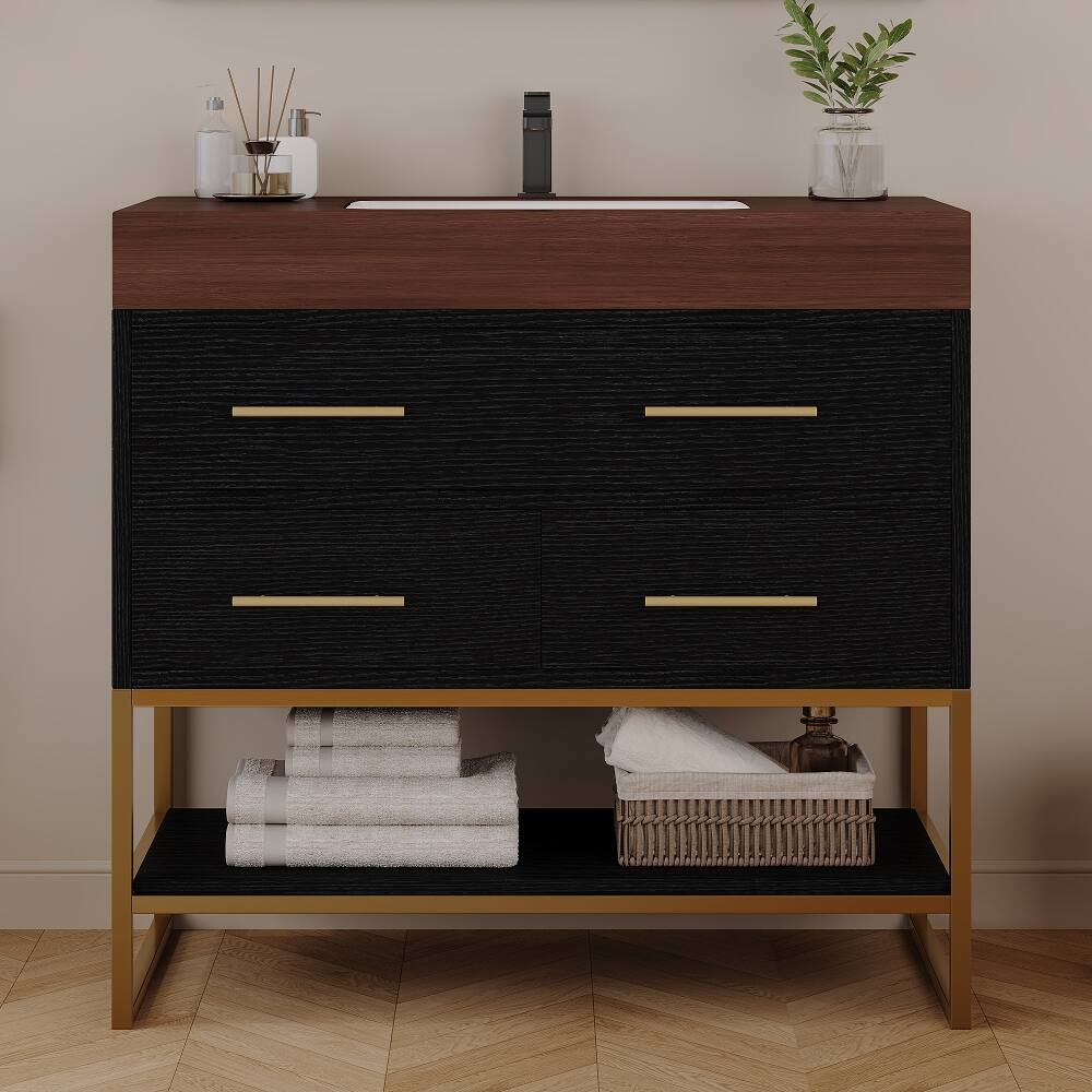 Front. Loheer - Loheer 36 inch bathroom vanity with sink, Freestanding bathroom sink cabinet, Sintered Stone Top, Black/Walnut - Black, Walnut.