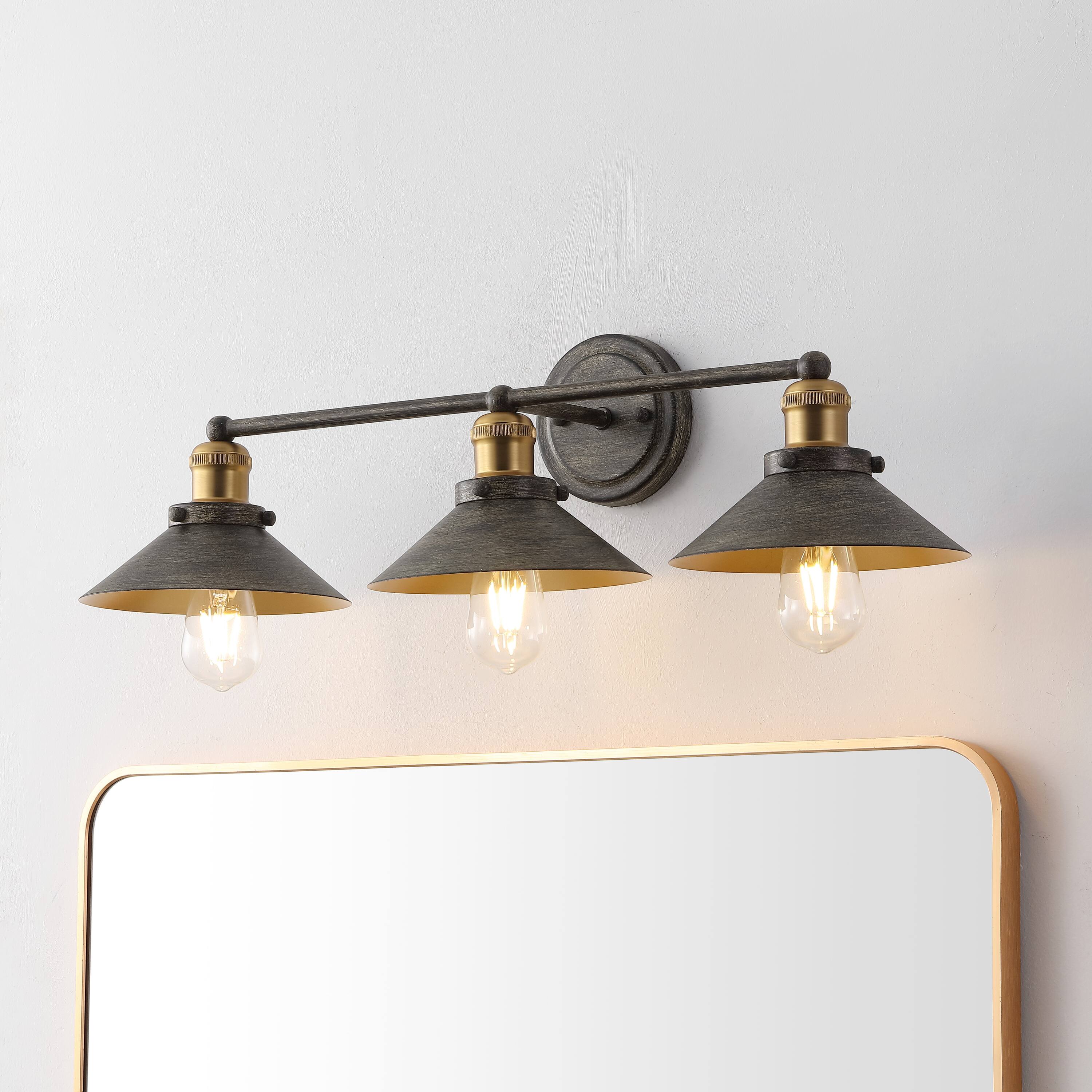 Alt View 1. Jonathan Y - July 26.5" 3-Light Industrial Farmhouse Metal Vanity Light, Rustic Dark Gray/Brass Gold - Rustic Dark Gray/Brass Gold.