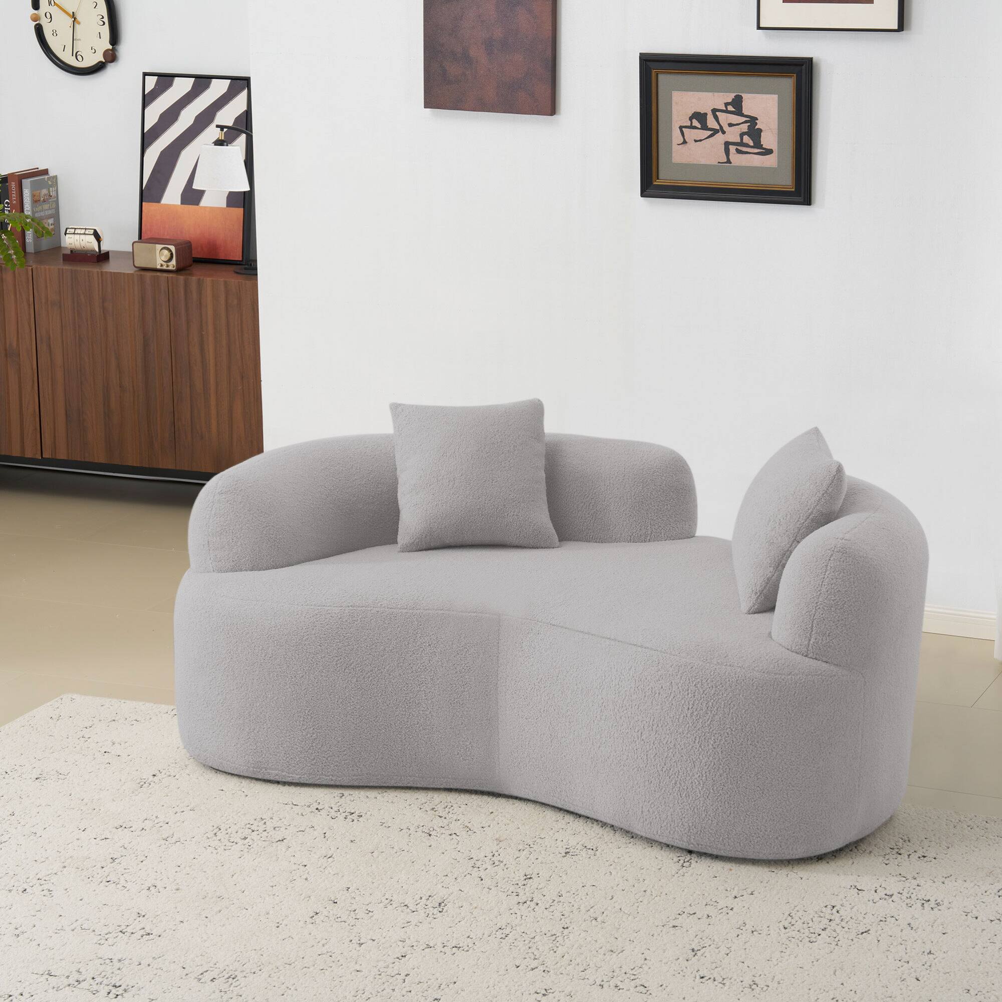 Left. GOODSILO - Modern Curved Loveseat Sofa with Teddy Velvet Fabric for Small Spaces and Apartments - Grey.